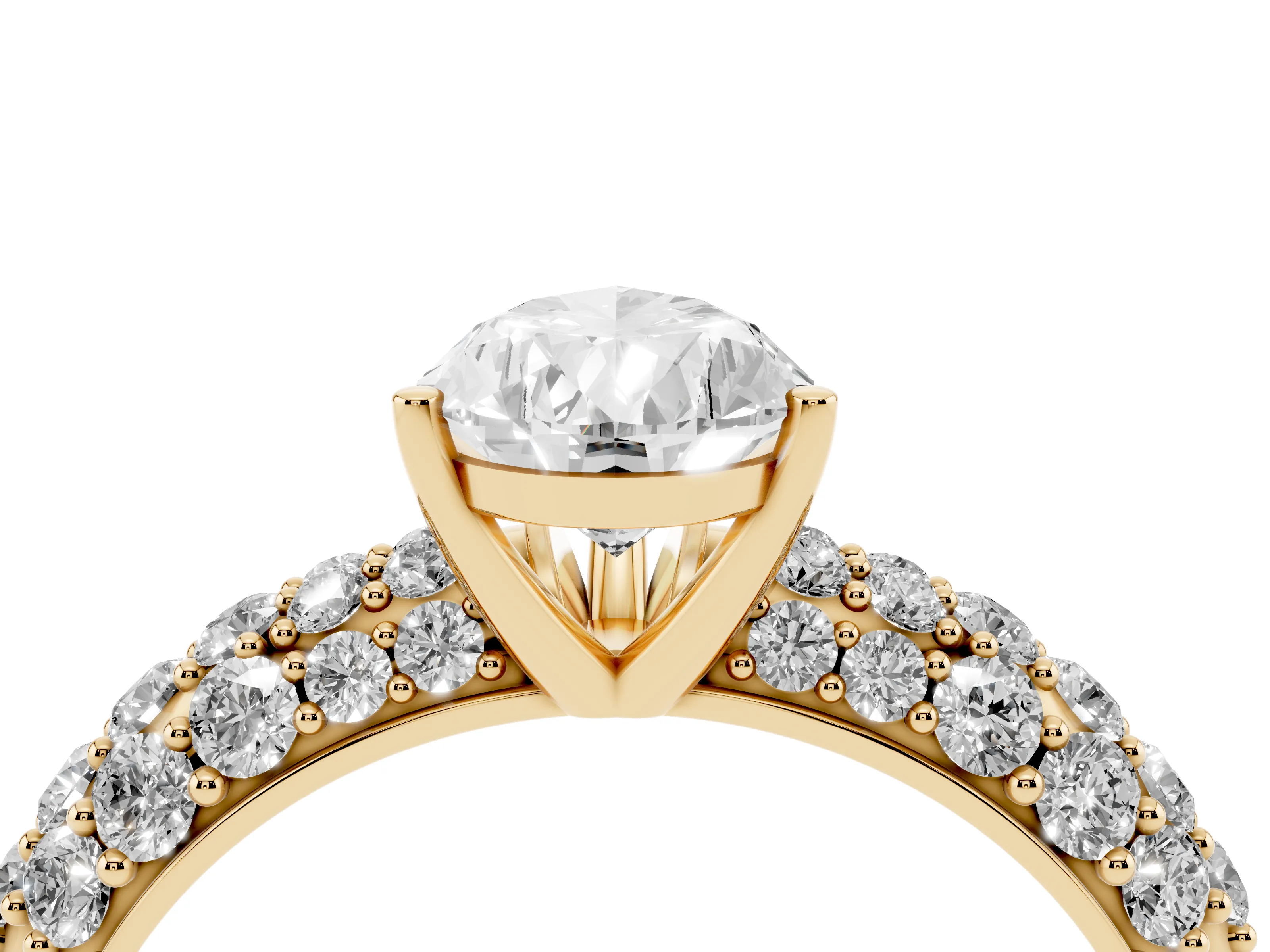Pear Cut Diamond Pavé Band Solitaire Ring Set in Yellow gold with Close-Set Accent Stones and Prong Setting