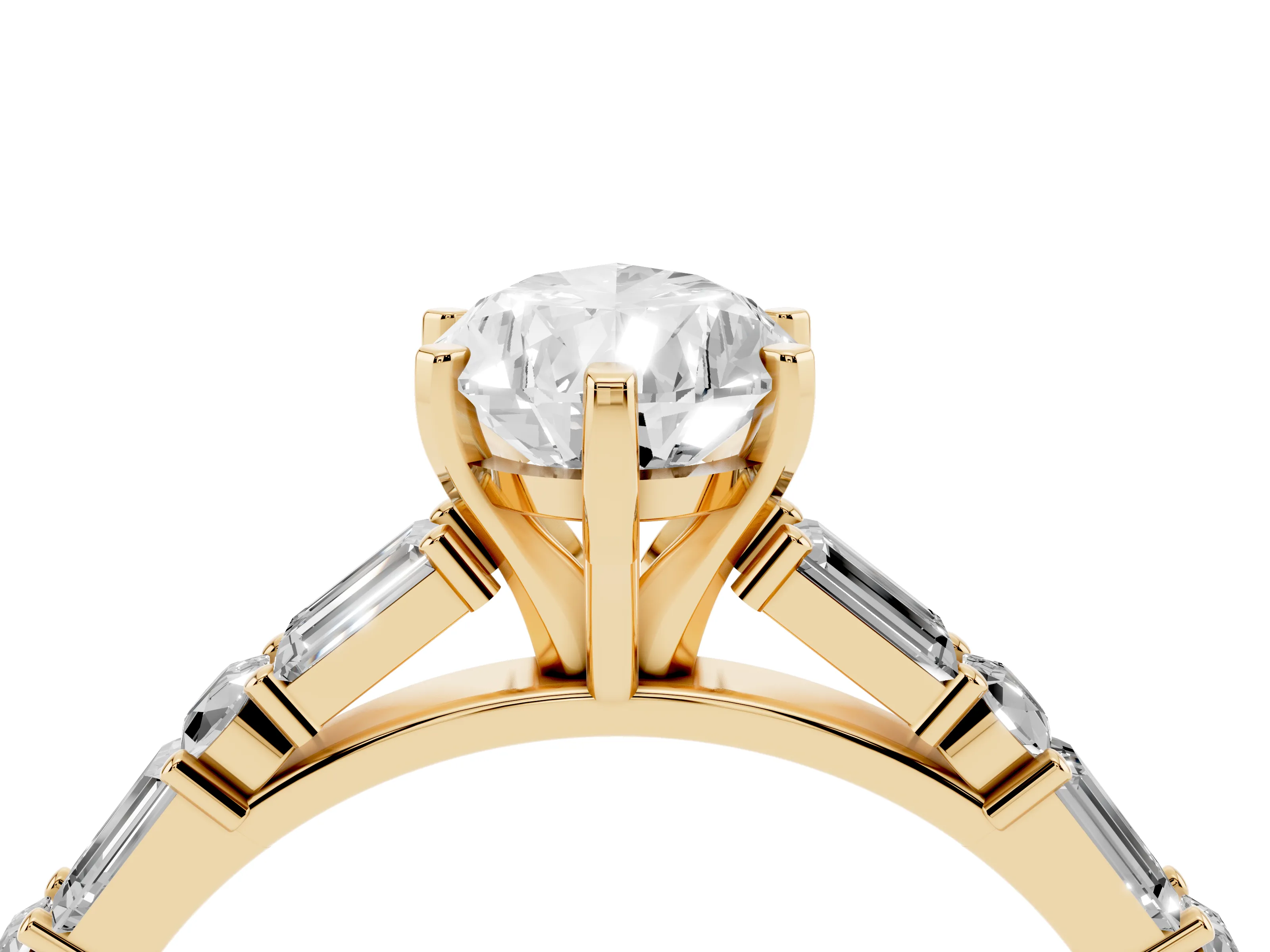 Pear Cut Diamond Solitaire Set in Yellow gold with Side Baguettes and Channel Set Band