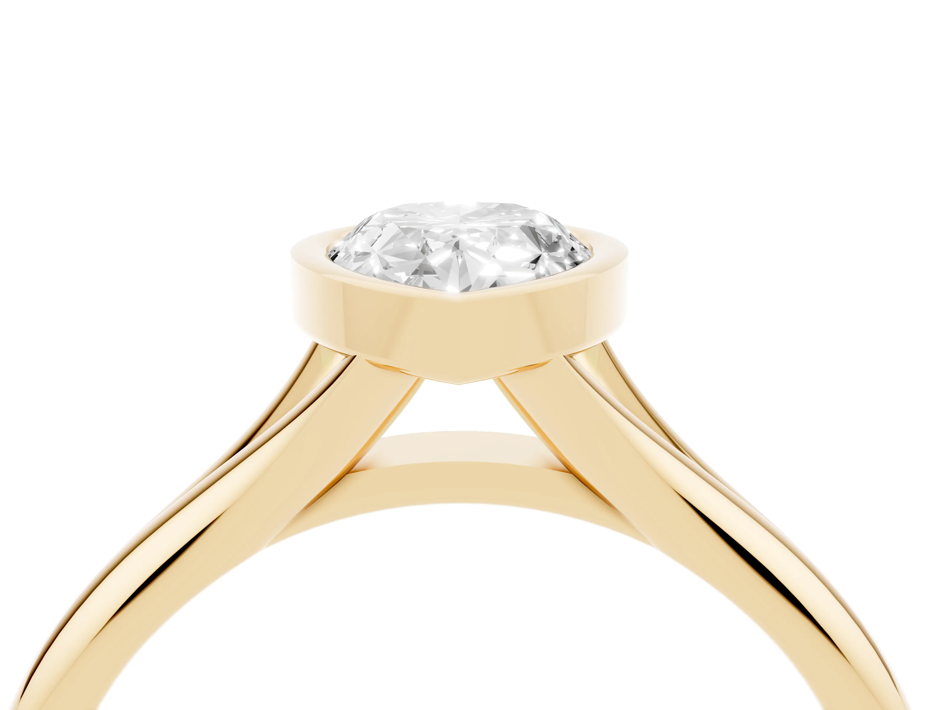 Bezel Set Pear Cut Diamond Solitaire Ring Set in Yellow gold with Smooth Band