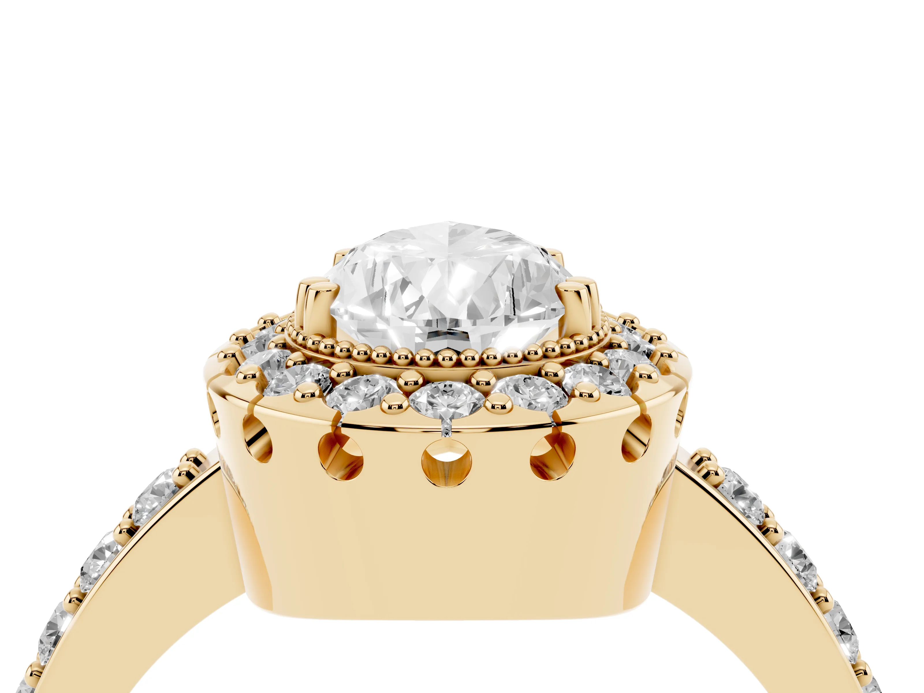 Pear Cut Diamond Halo Ring Set in Yellow gold with Pavé Shank and Prong Setting