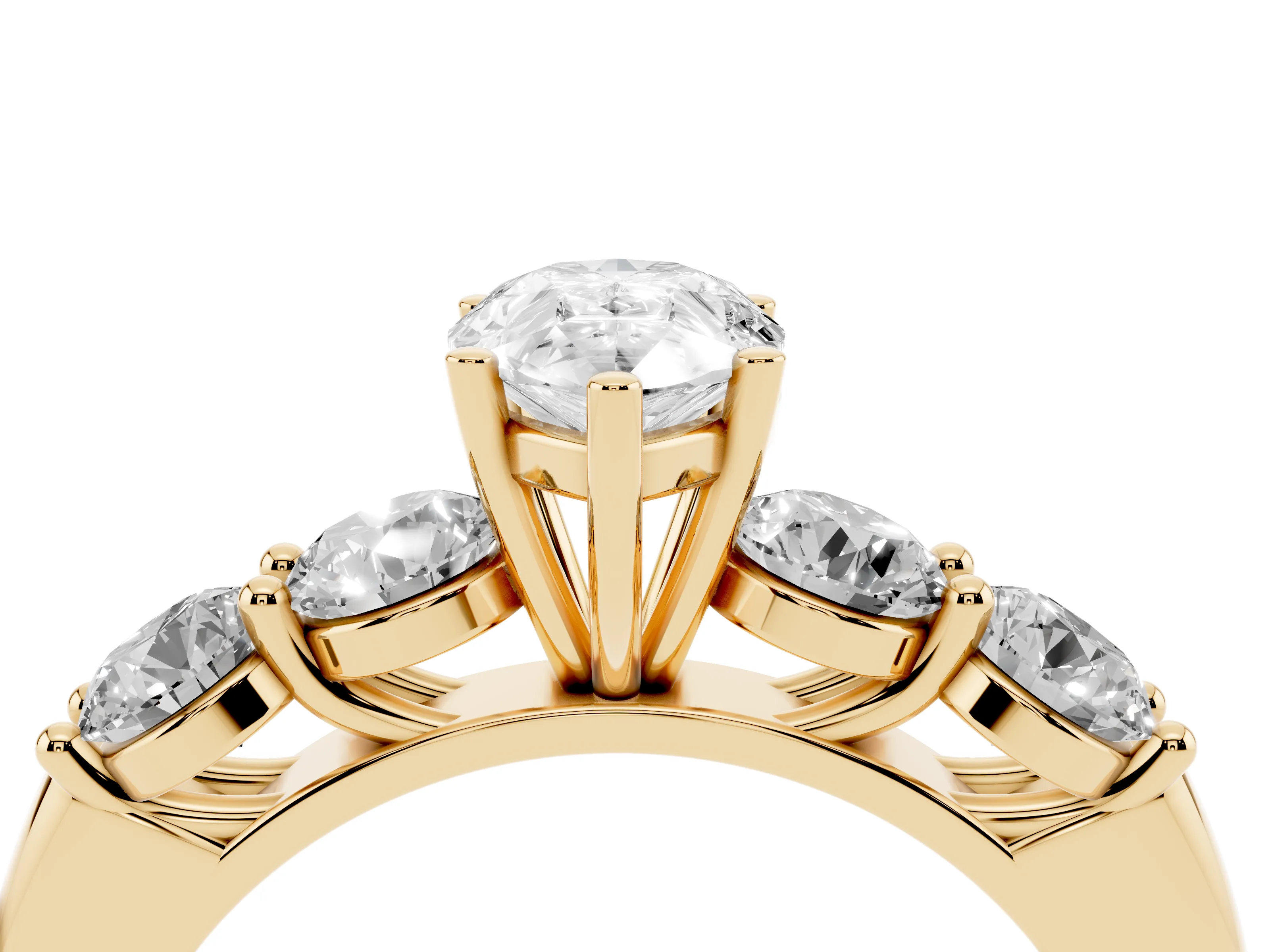 Pear Cut Diamond Five-Stone Prong Set Ring Set in Yellow gold with Classic Band