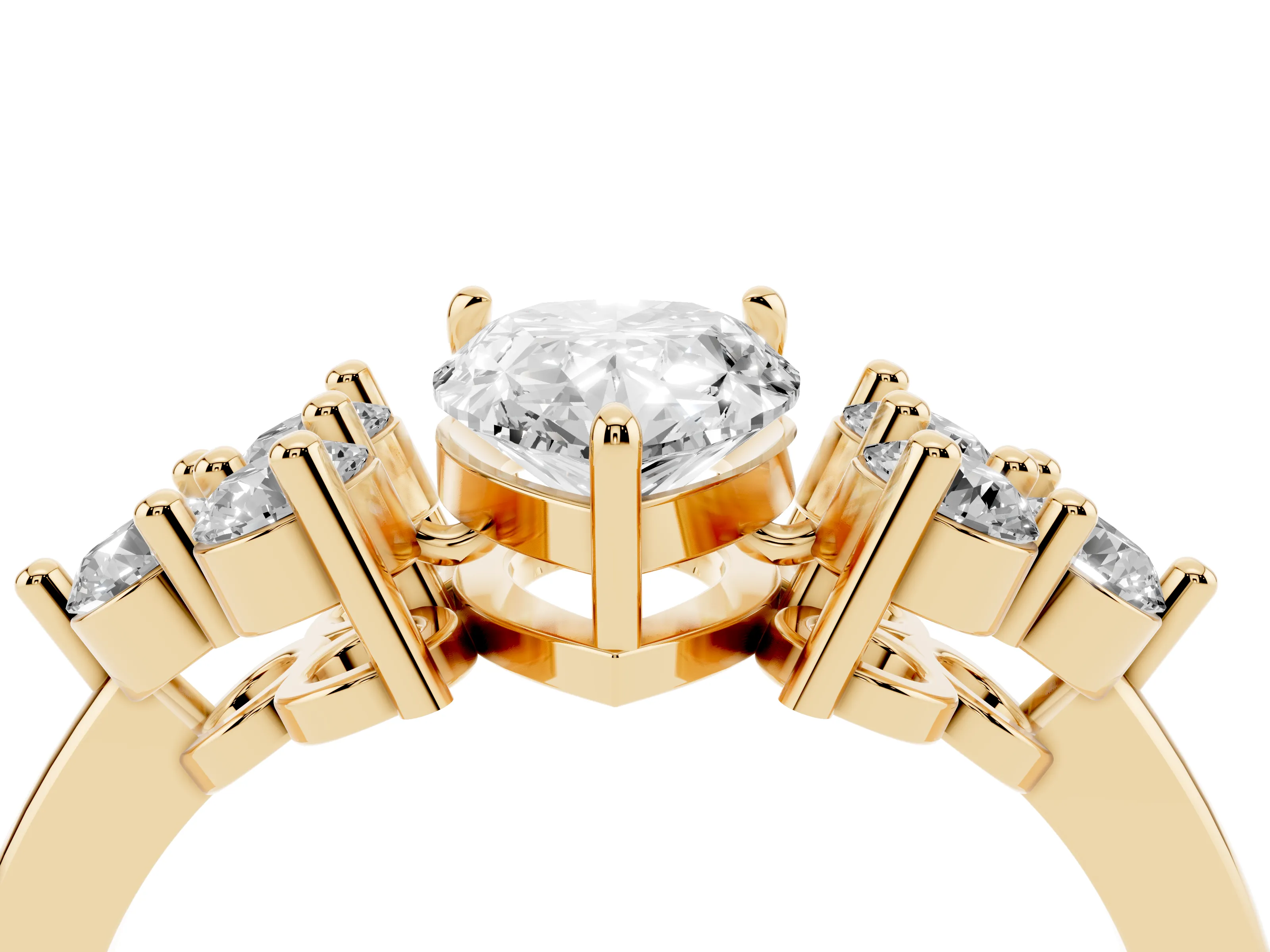 Pear Cut Diamond Solitaire Ring Set in Yellow gold with Cluster Accents on Each Side