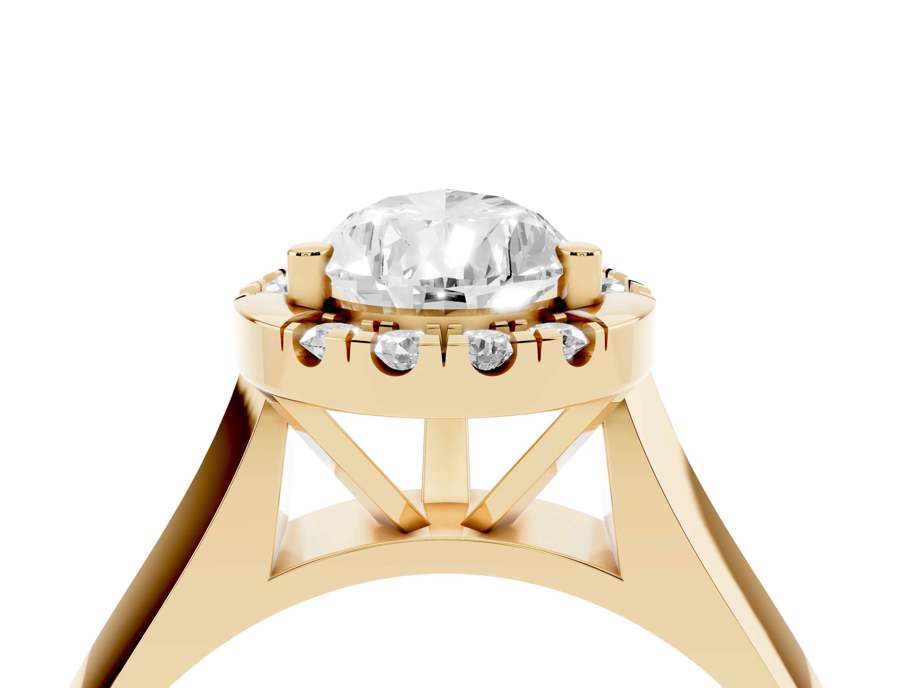 Pear Cut Diamond Halo Solitaire Engagement Ring Set in Yellow gold with Square Band and Prong Setting