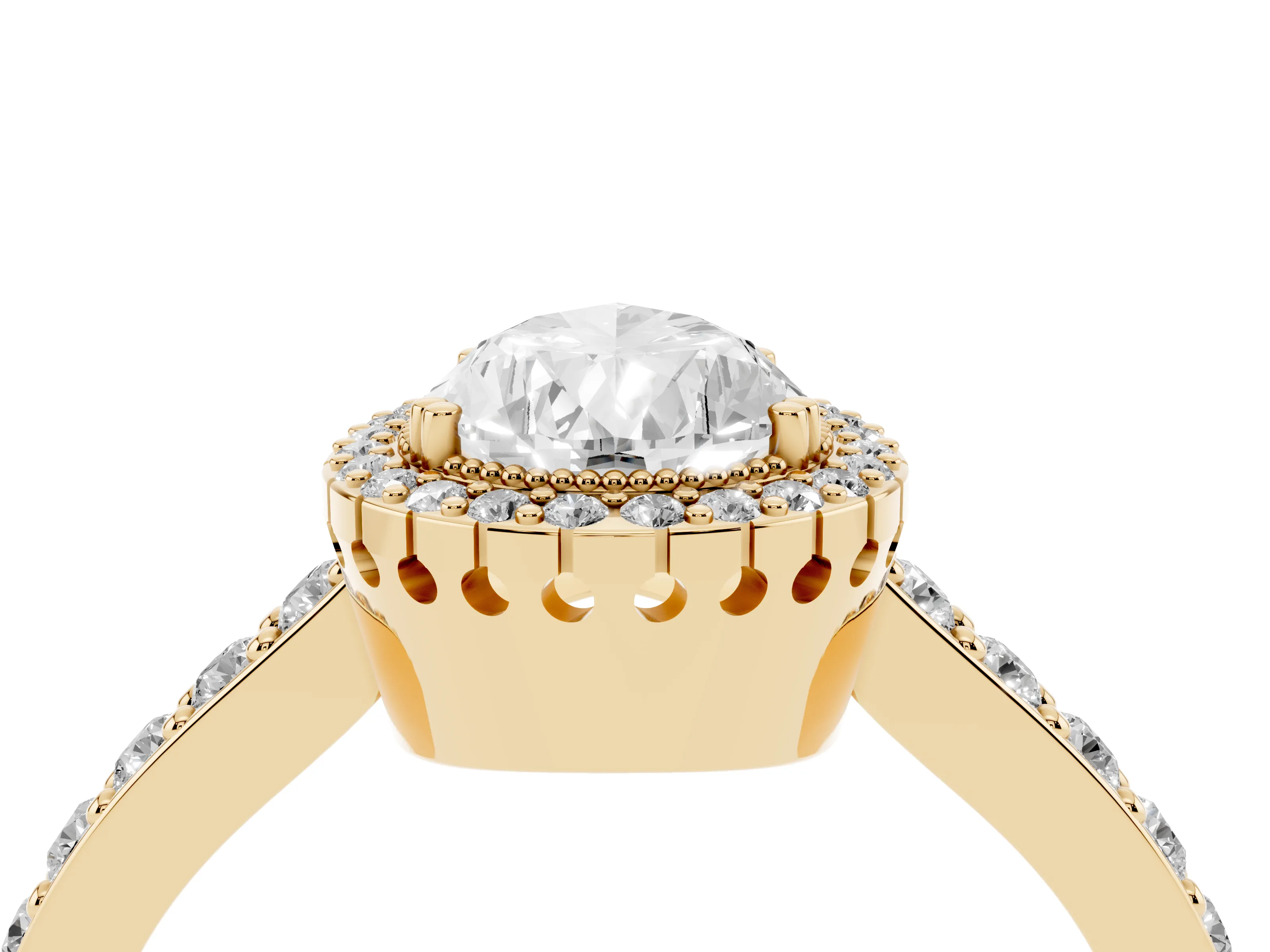 Pear Cut Diamond Halo Engagement Ring Set in Yellow gold with Milgrain Detail and Pavé Band