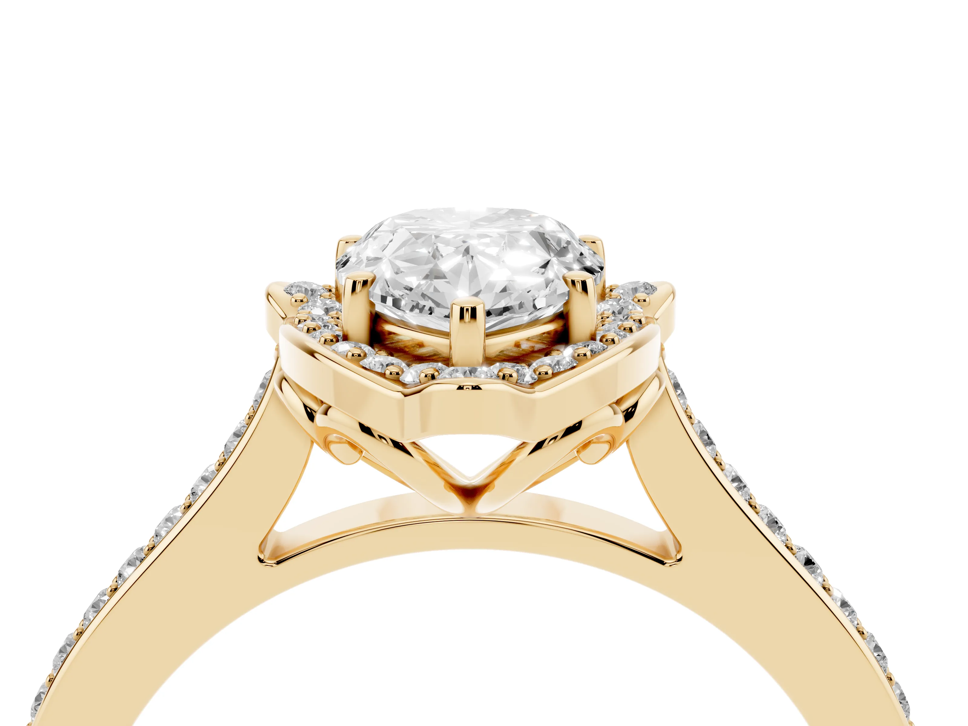 Pear Cut Diamond Halo Ring Set in Yellow gold with Pavé-Lined Shoulders and Prong Setting