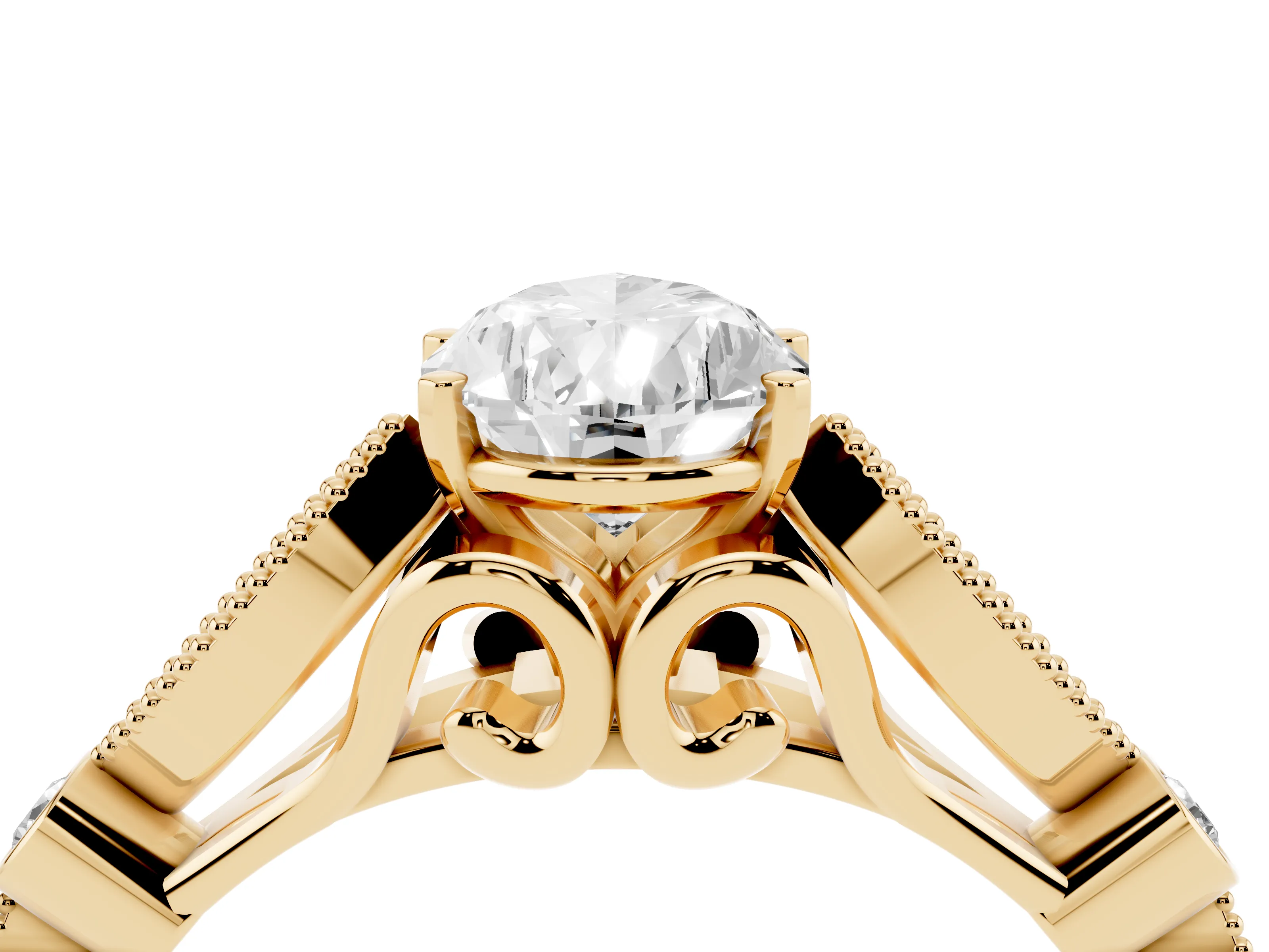 Pear Cut Diamond Solitaire Ring Set in Yellow gold with Milgrain Marquise and Bezel Accents