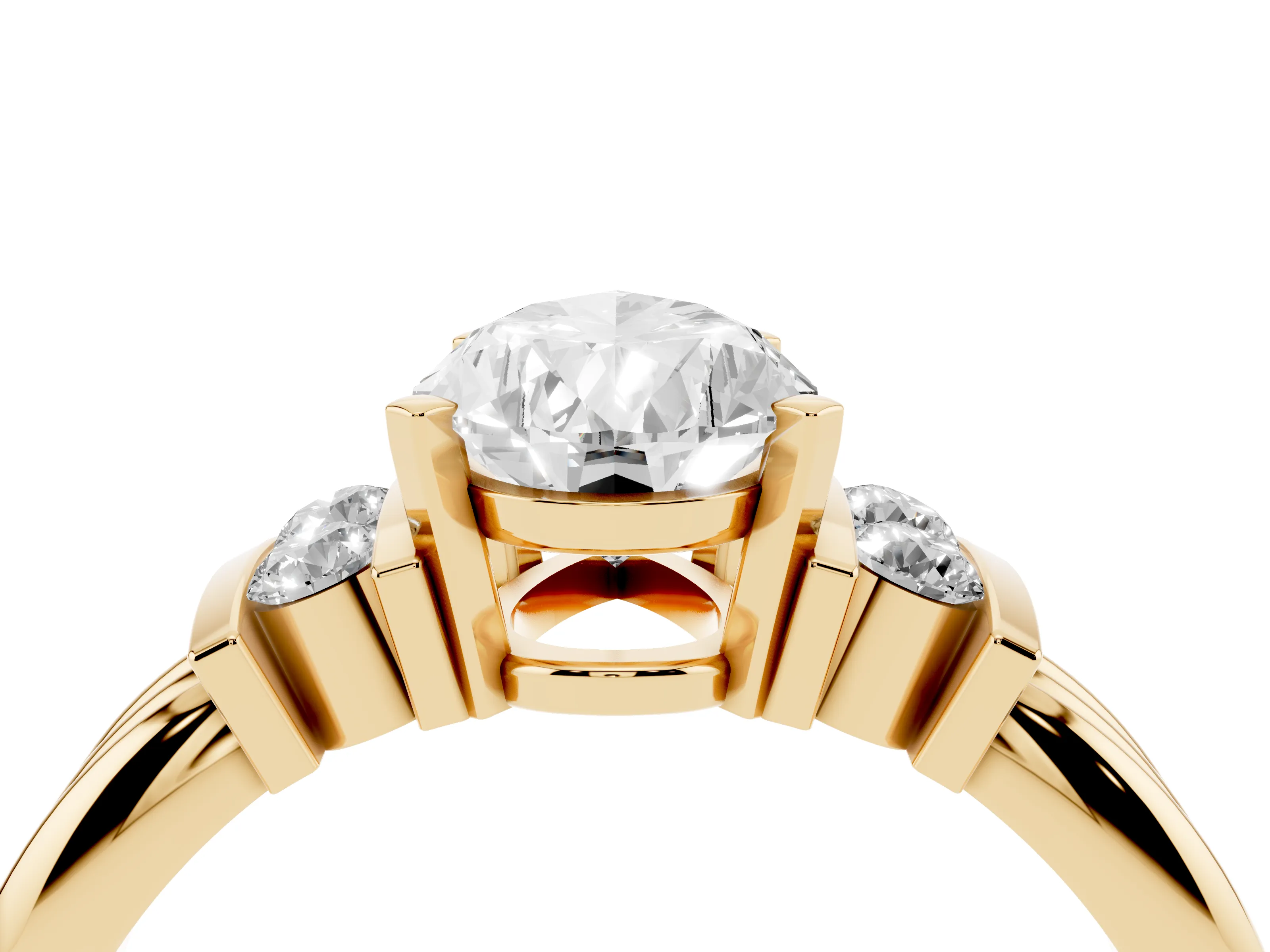 Three-Stone Pear Cut Diamond Channel Set Ring Set in Yellow gold with Bar Prongs