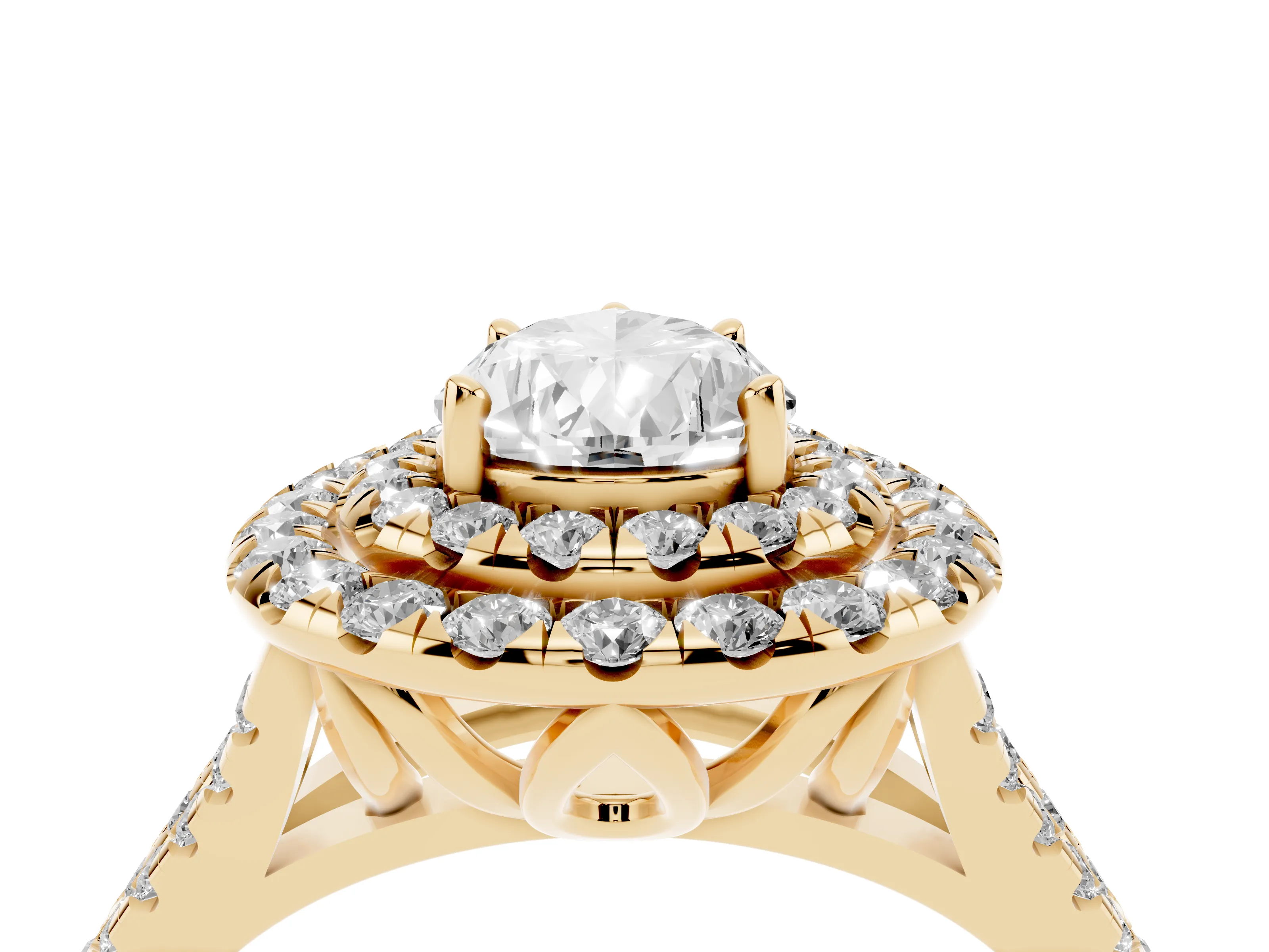 Pear Cut Diamond Double Halo Ring Set in Yellow gold with Pavé Split Shank and Prong Setting