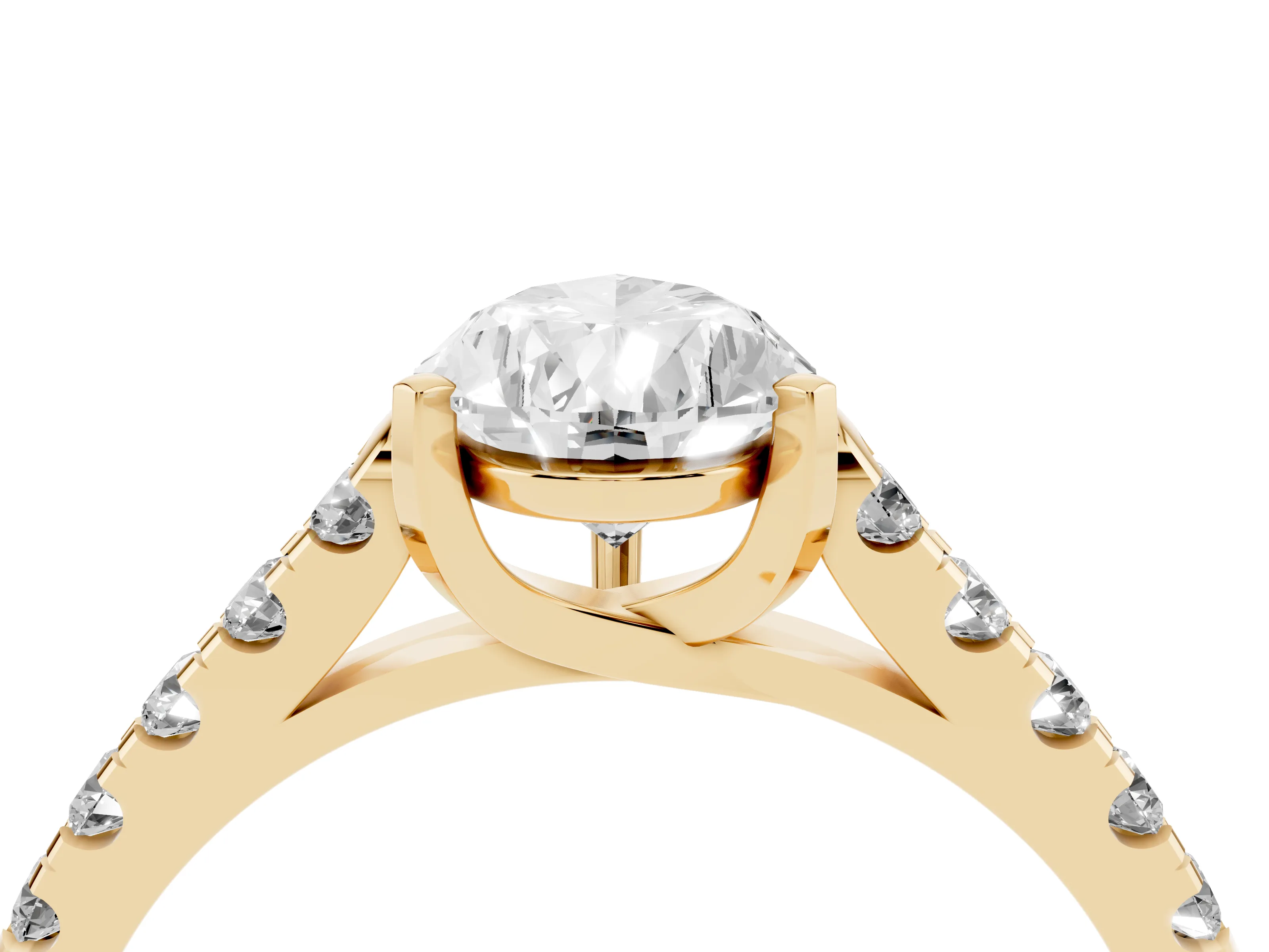 Pear Cut Diamond Pavé Band Solitaire Ring Set in Yellow gold with Partway Accent Stones and Prong Setting