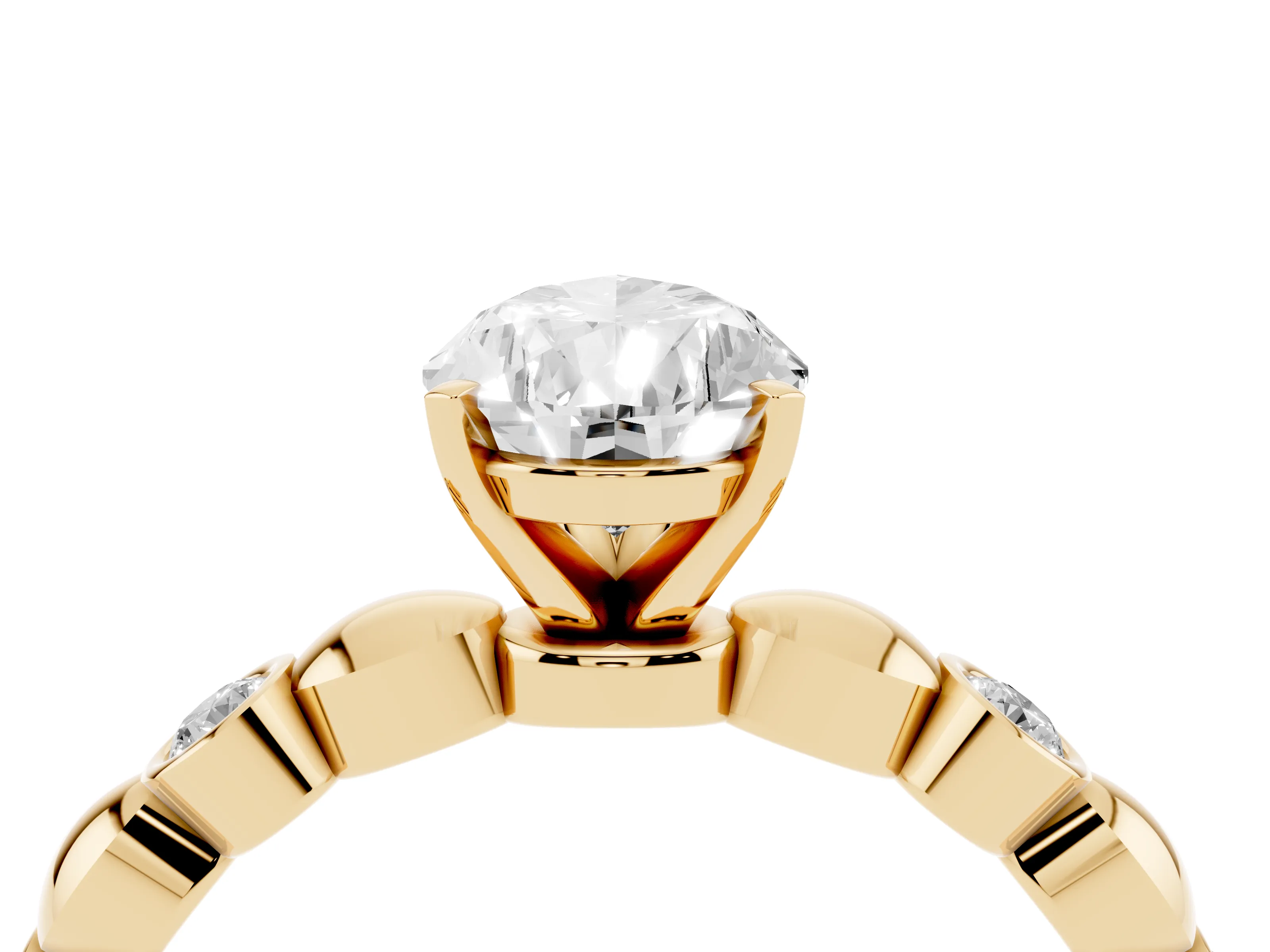 Pear Cut Diamond Solitaire Ring Set in Yellow gold with Bezel-Set Accents on Beaded Band and Prong Setting