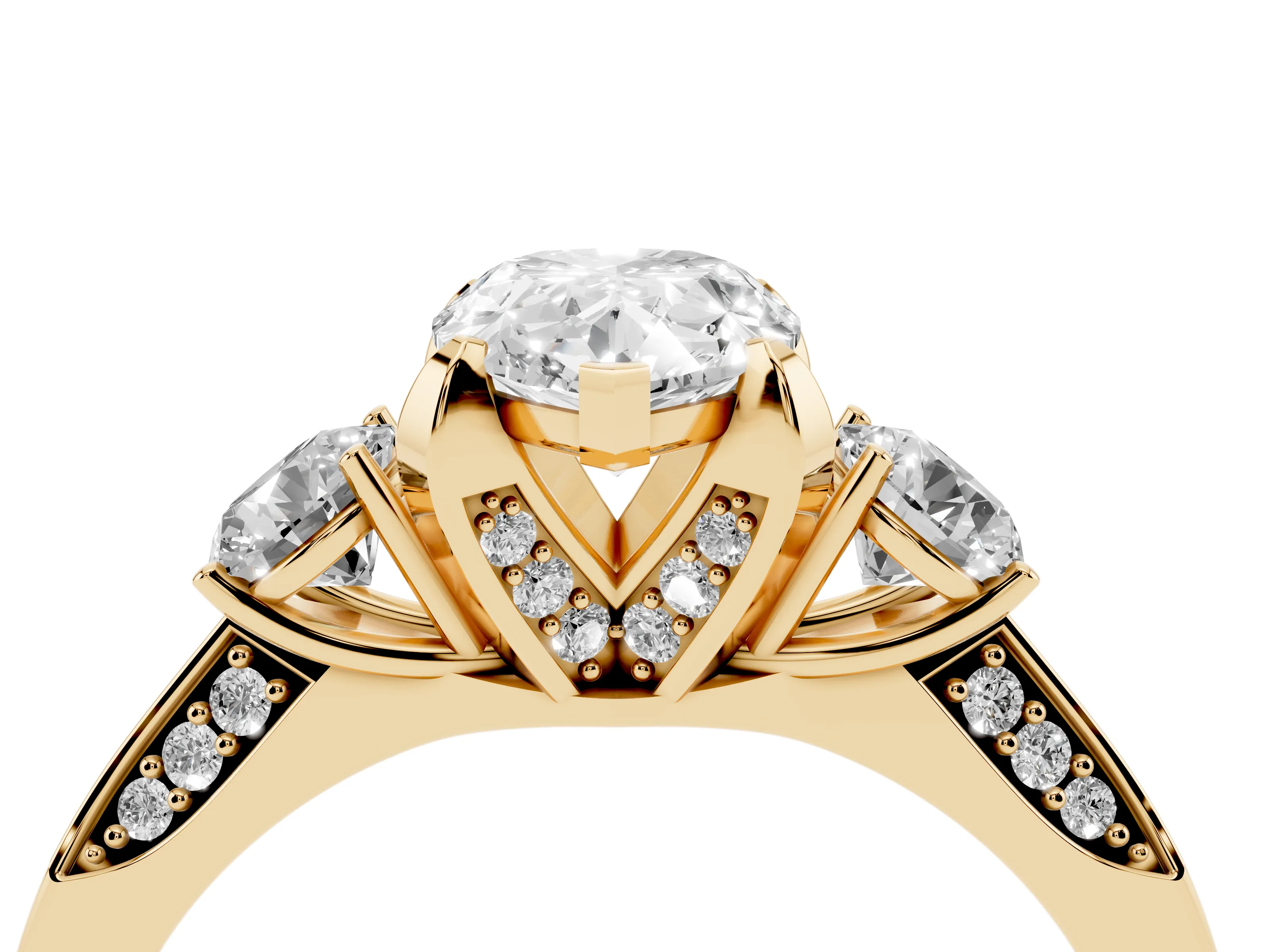 Pear Cut Diamond Three-Stone Ring Set in Yellow gold with Pavé Band and Smaller Side Stones
