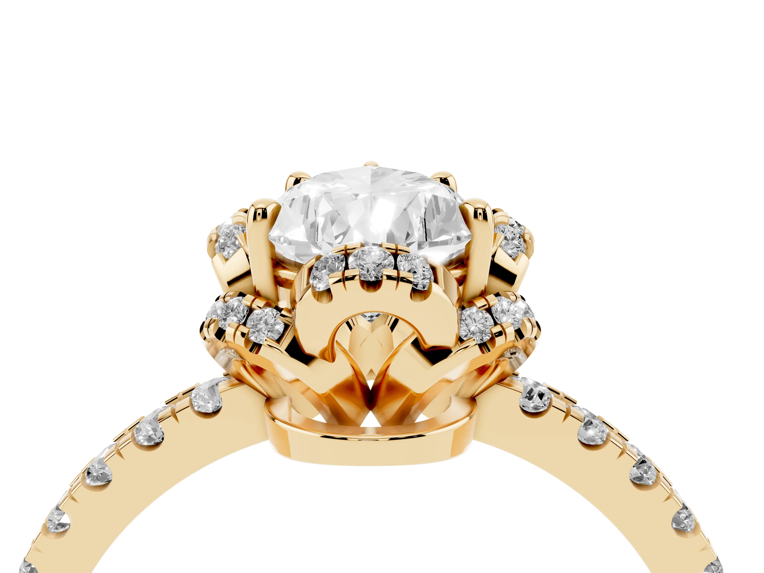 Pear Cut Diamond Halo Pavé Band Ring Set in Yellow gold with Prong-Held Center