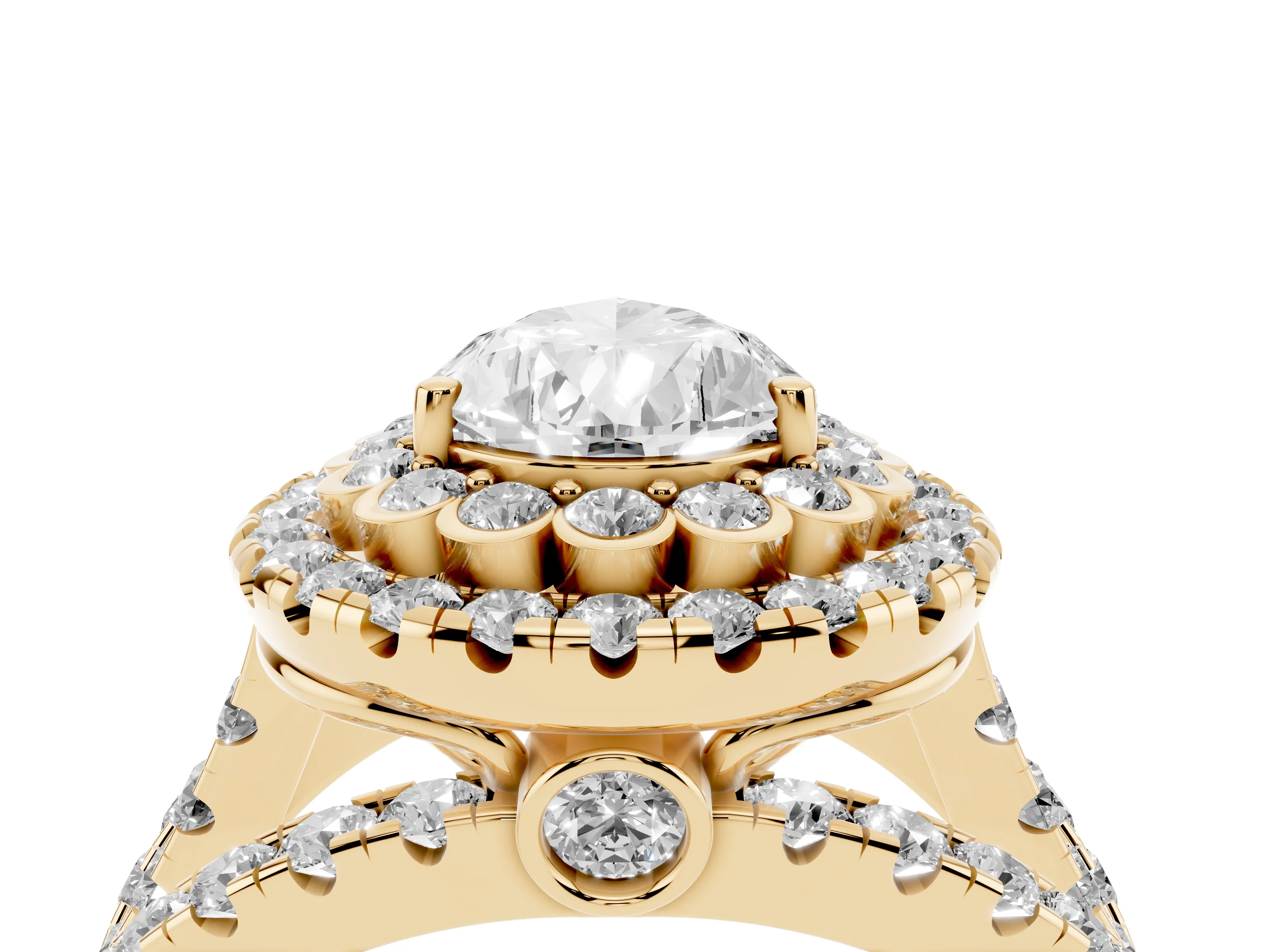 Pear Cut Diamond Double Halo Ring Set in Yellow gold with Round Pavé Split Shank