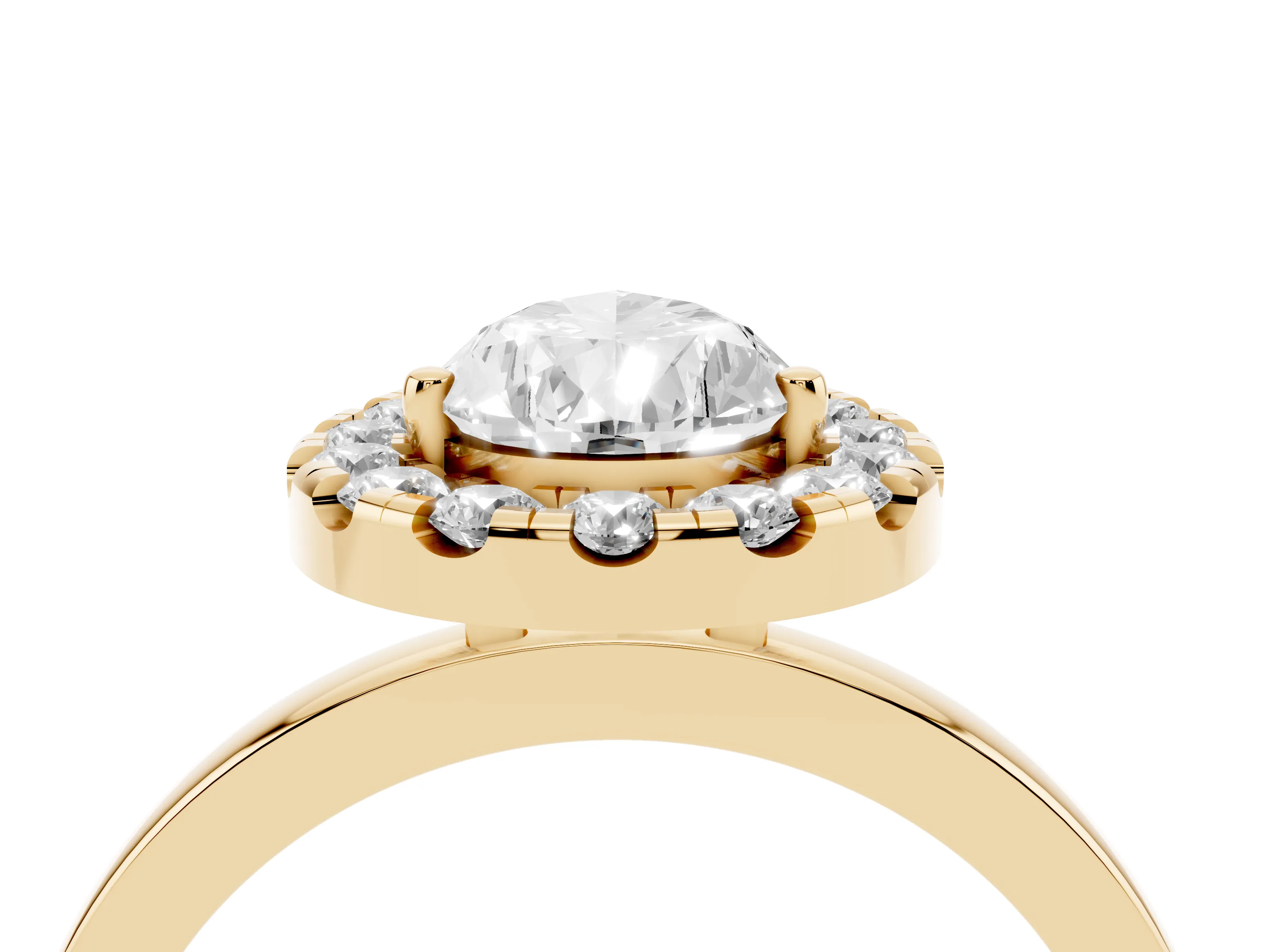 Pear Cut Diamond Halo Solitaire Ring Set in Yellow gold with Pavé Band and Prong Setting