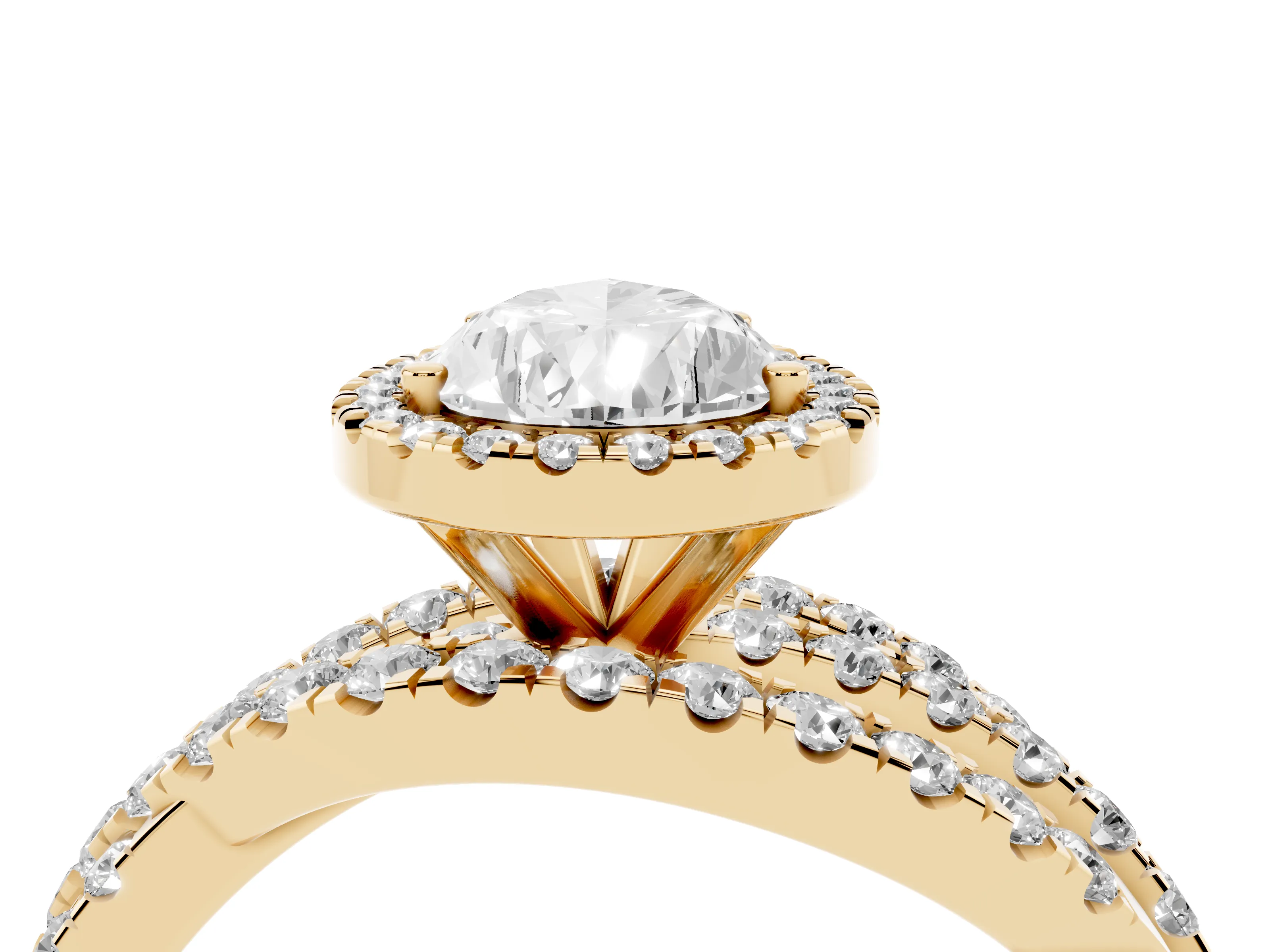 Pear Cut Diamond Halo Ring Set in Yellow gold with Round Crossover Split Shank and Prong Setting