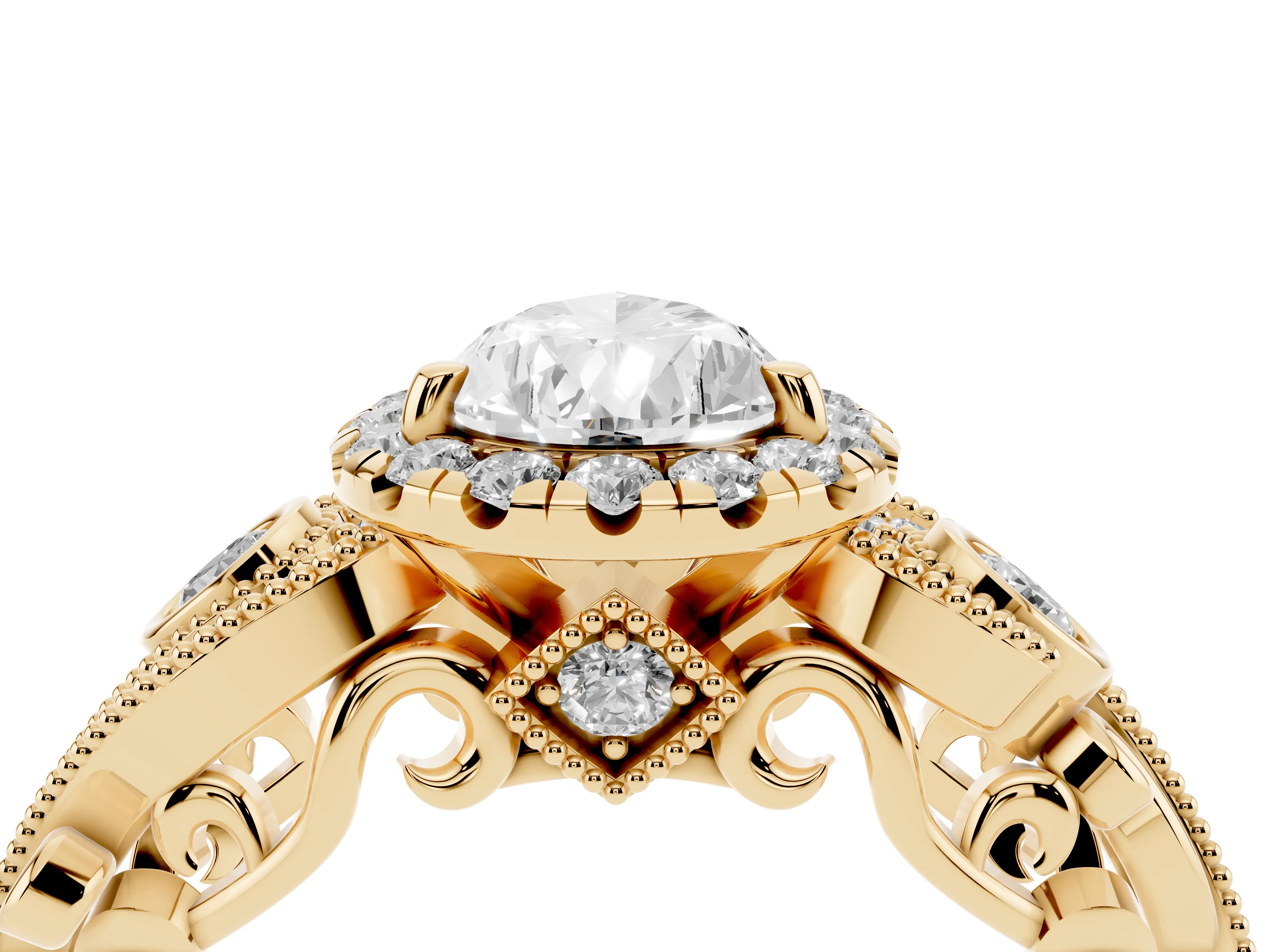 Pear Cut Diamond Halo Ring Set in Yellow gold with Milgrain Pavé Band and Prong Setting