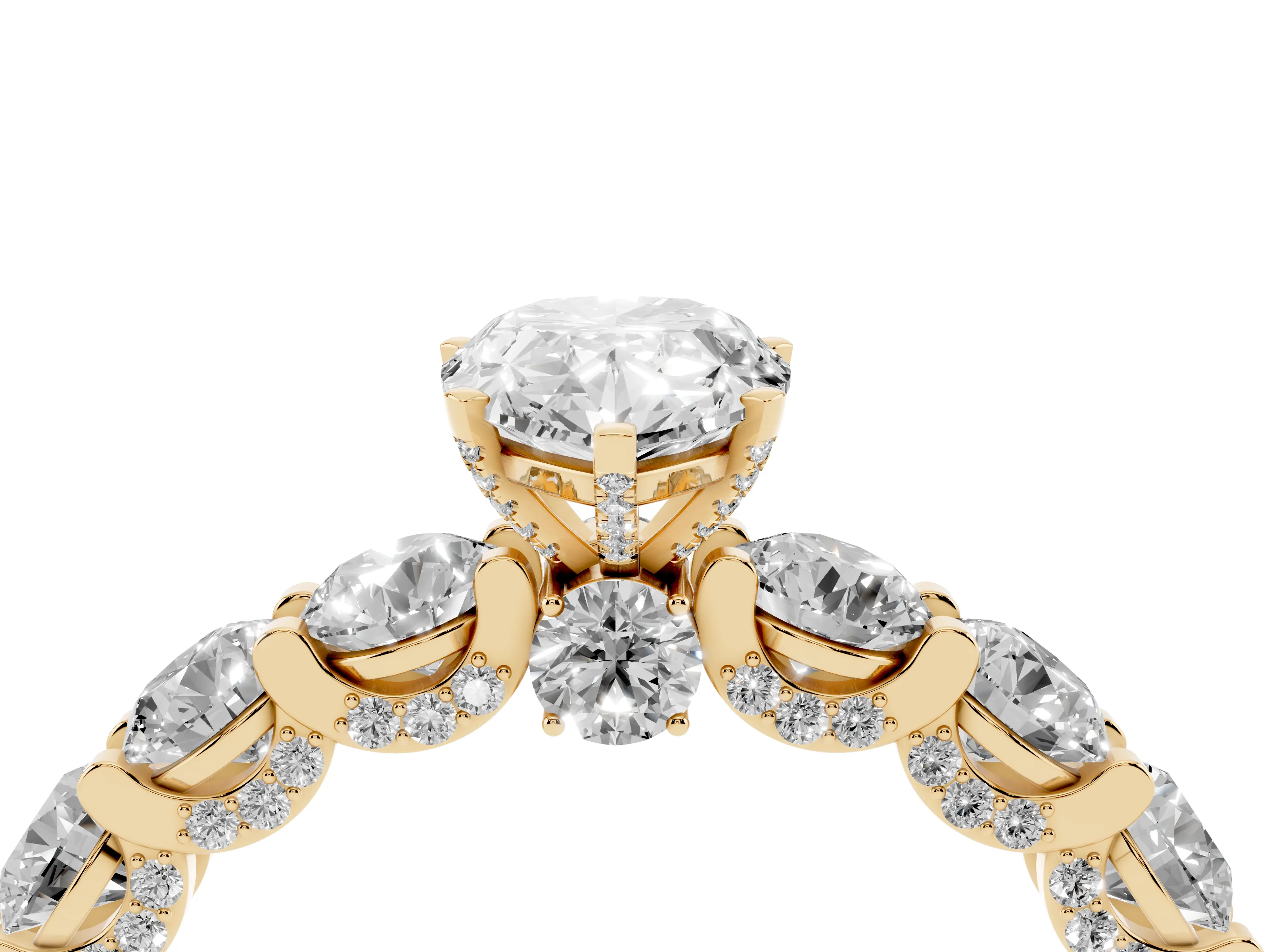 Pear Cut Diamond Side Stone Ring Set in Yellow gold with Alternating Round and Oval Side Stones
