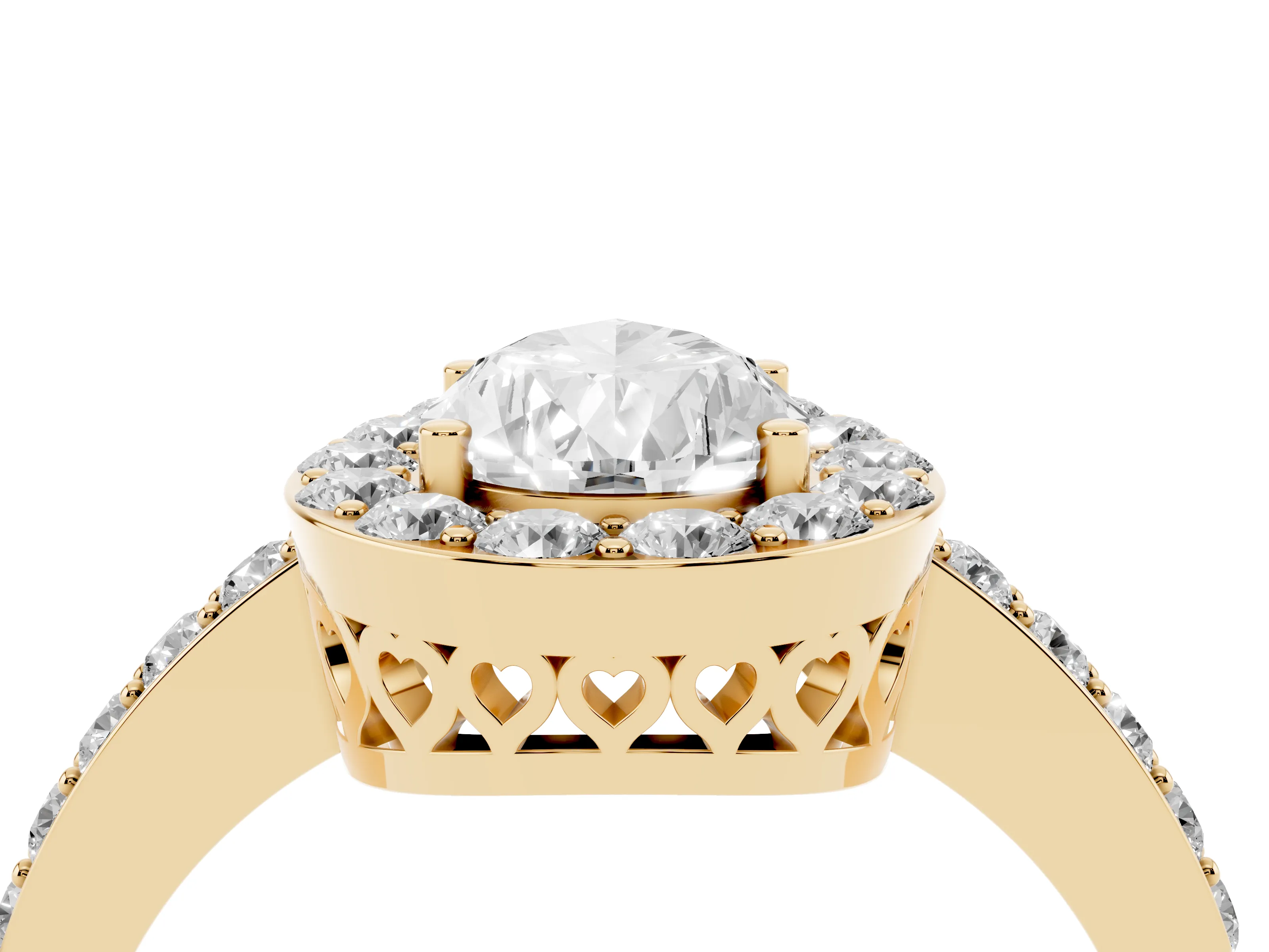 Pear Cut Diamond Halo Ring Set in Yellow gold with Pavé-Setting Band and Open Prong Center