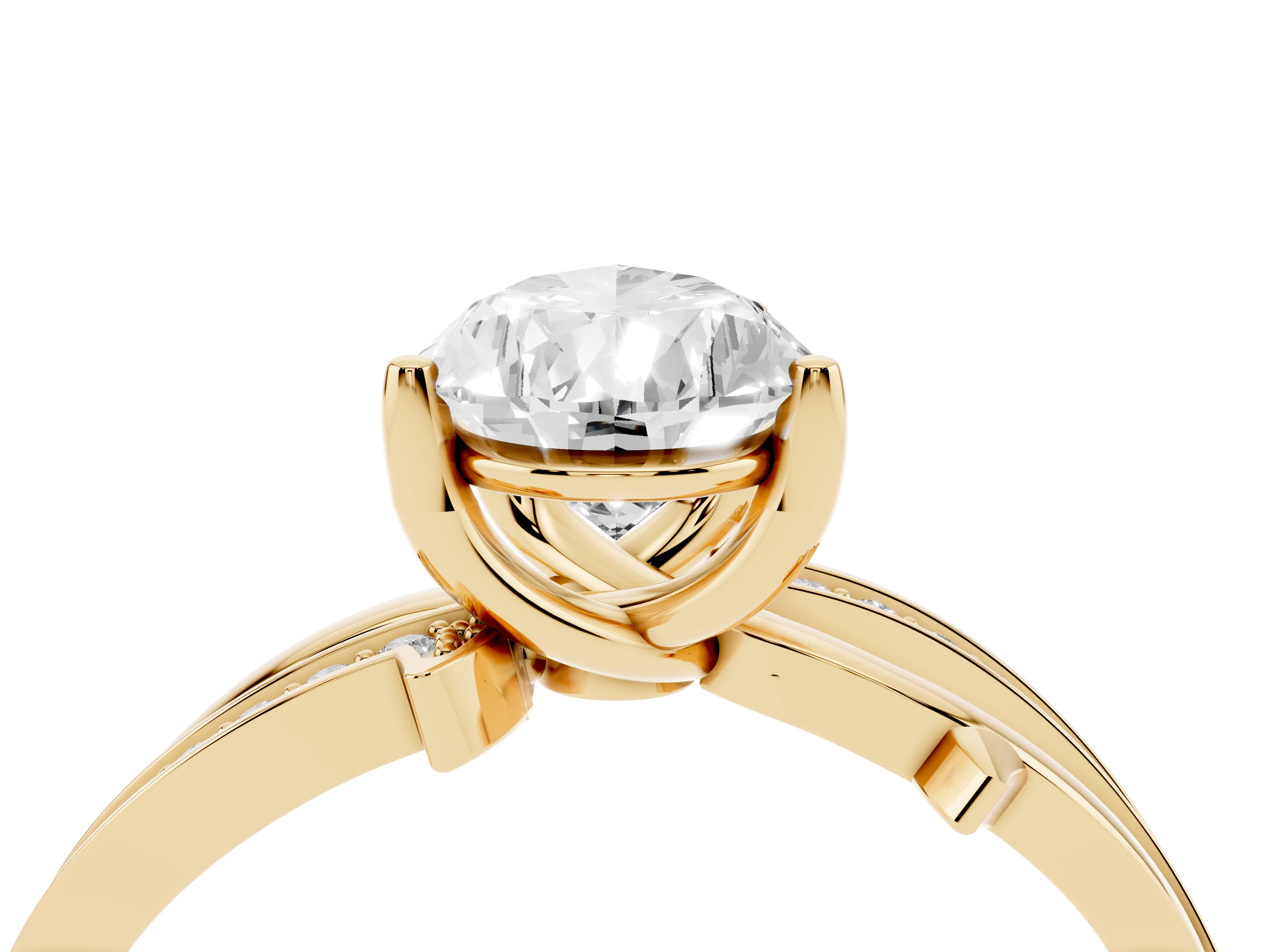 Pear Cut Diamond Pavé Twist Band Solitaire Ring Set in Yellow gold with Prong Setting