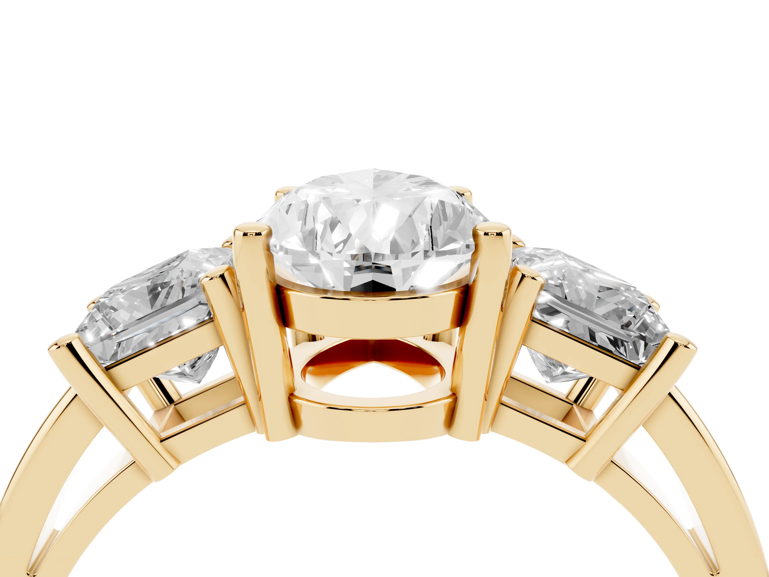 Three-Stone Pear Cut Diamond Solitaire Ring Set in Yellow gold with Prong Setting