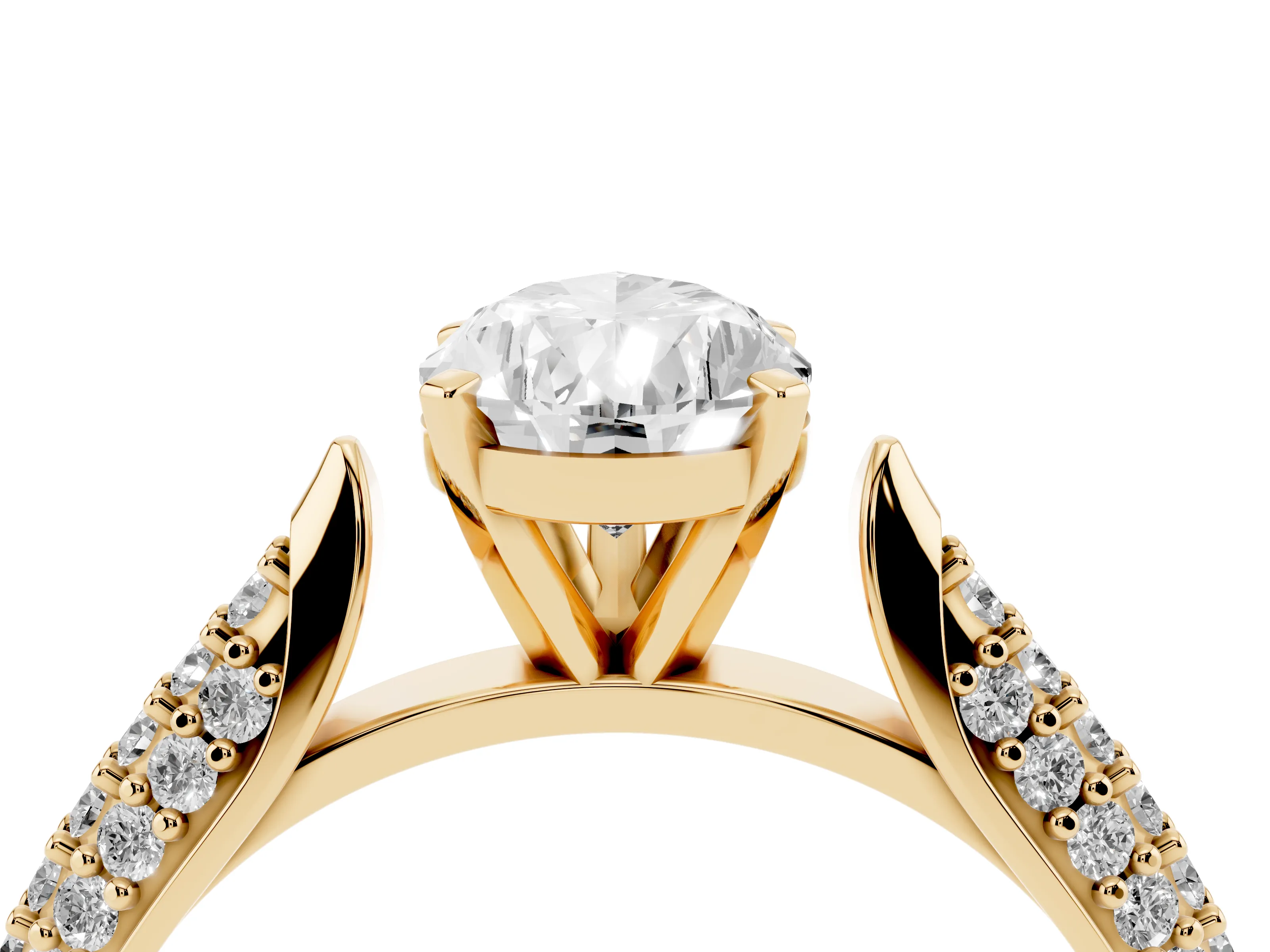 Pear Cut Diamond Solitaire Engagement Ring Set in Yellow gold with Multi-Row Round Pavé Band and Prong Setting