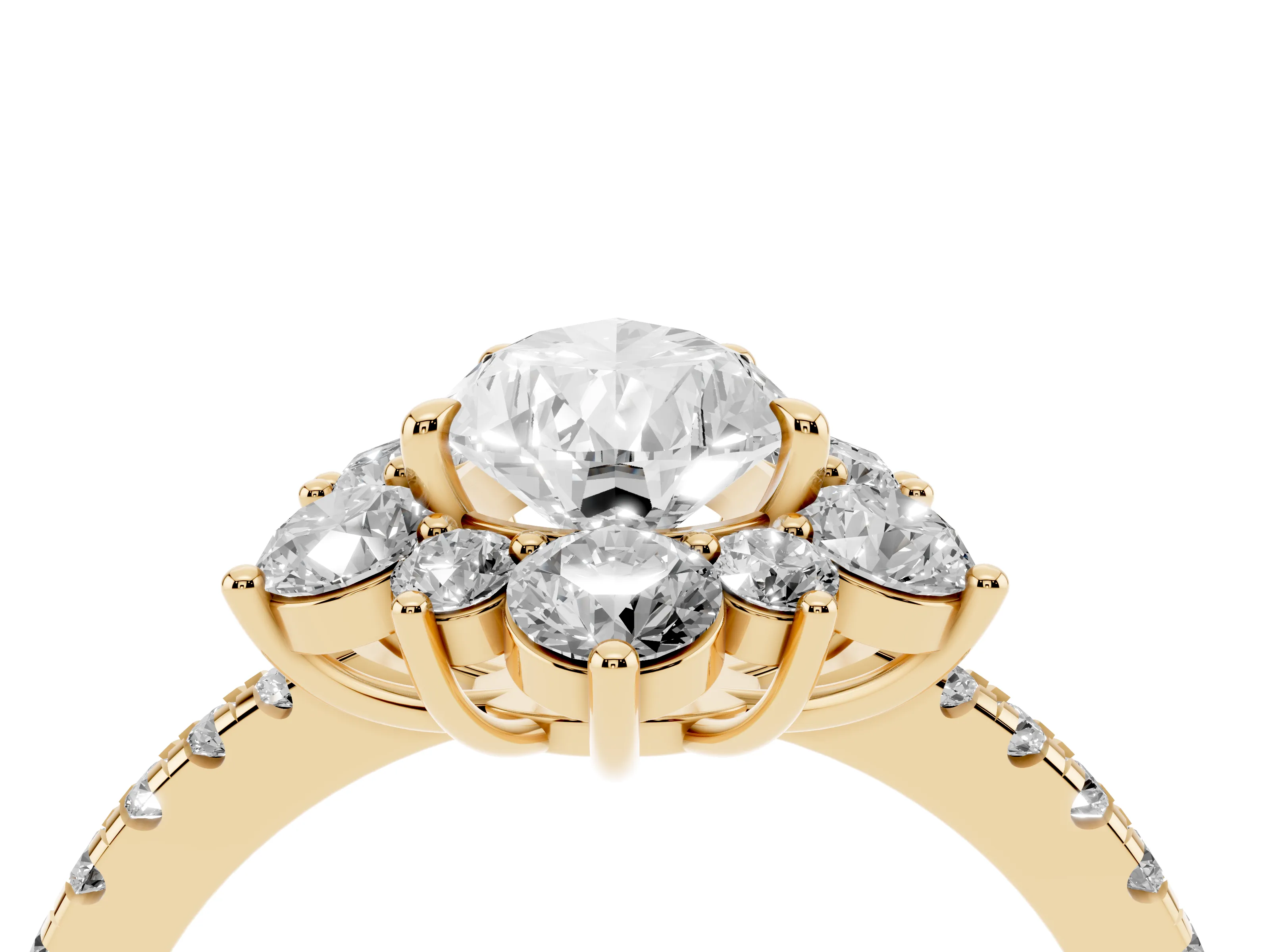 Pear Cut Diamond Floral Halo Ring Set in Yellow gold with Round Pavé Band and Prong Setting