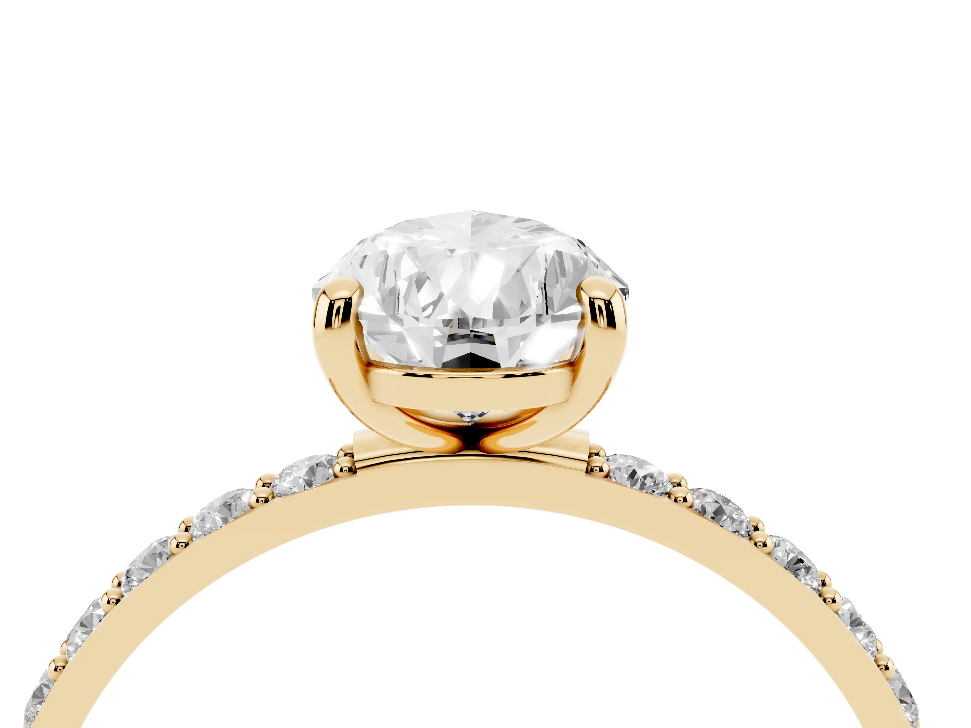 Pear Cut Diamond Solitaire Ring Set in Yellow gold with Round Pavé Band and Prong Setting
