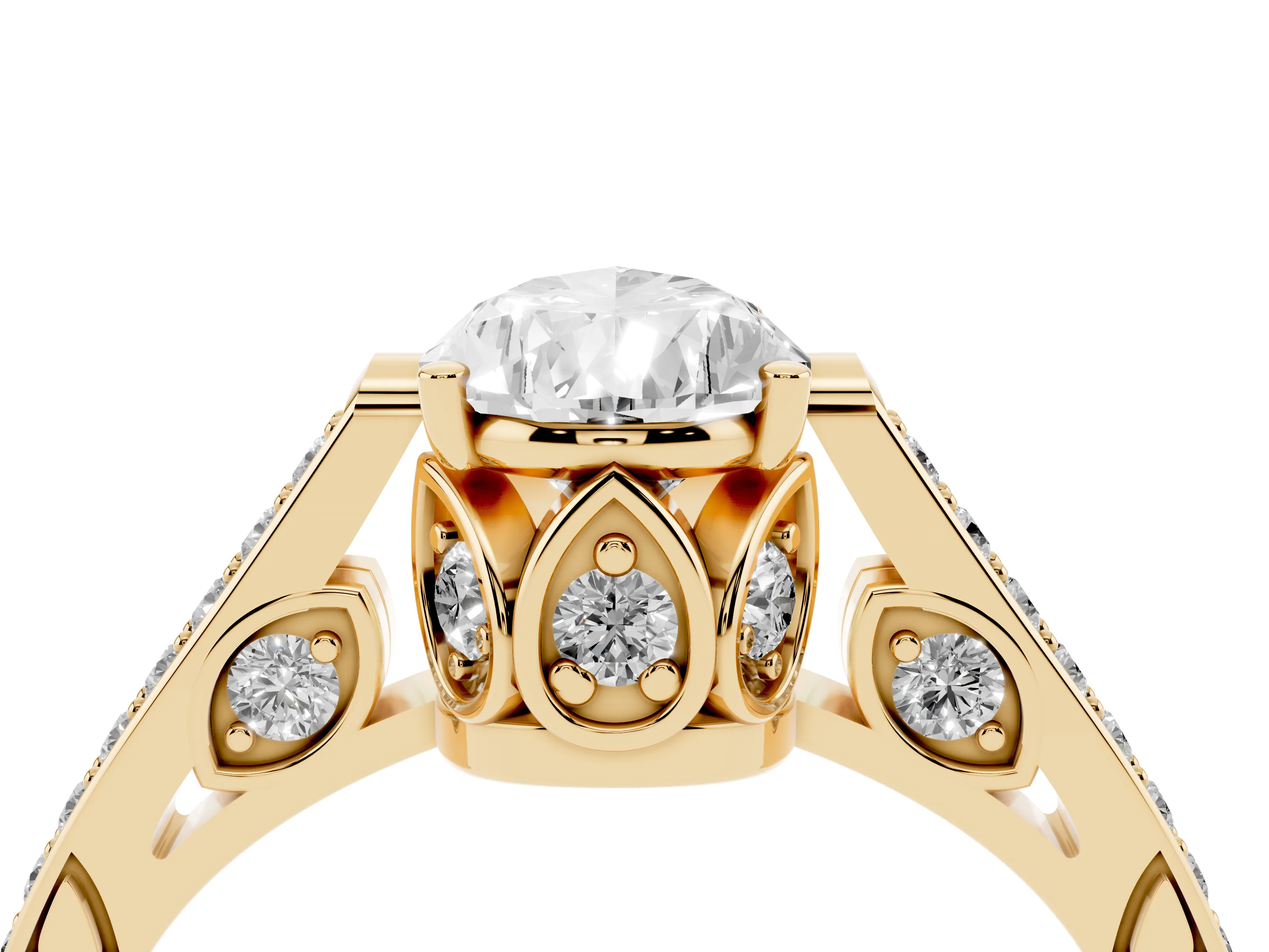 Pear Cut Diamond Cathedral Pavé Engagement Ring Set in Yellow gold with Prong Setting