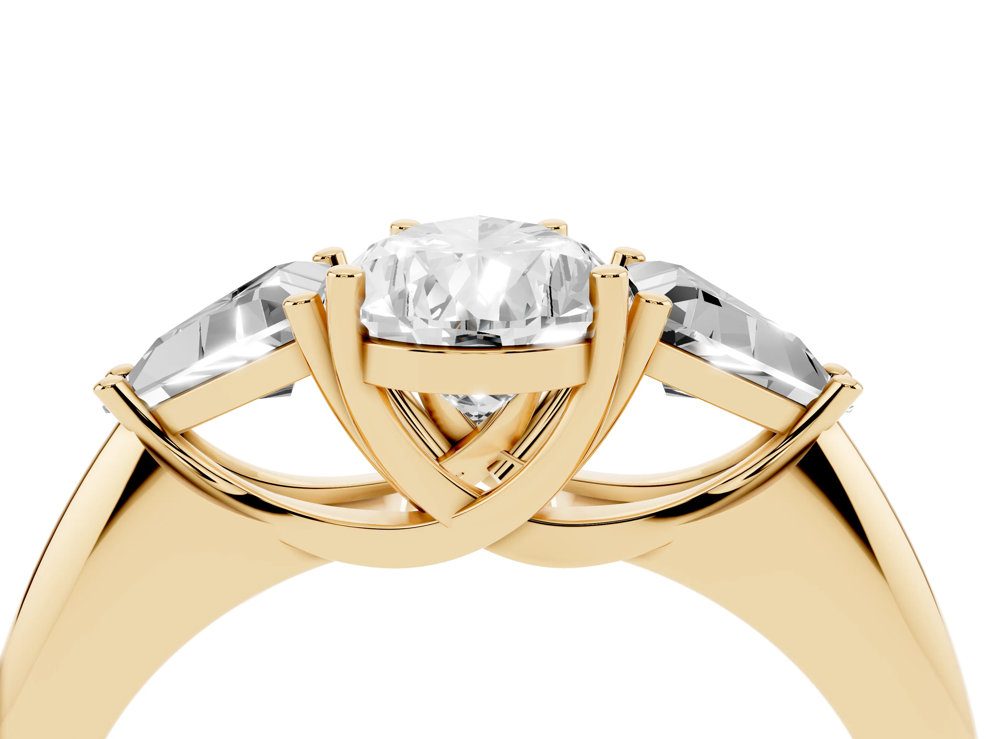 Pear Cut Diamond Three-Stone Engagement Ring Set in Yellow gold with Trillion Side Stones