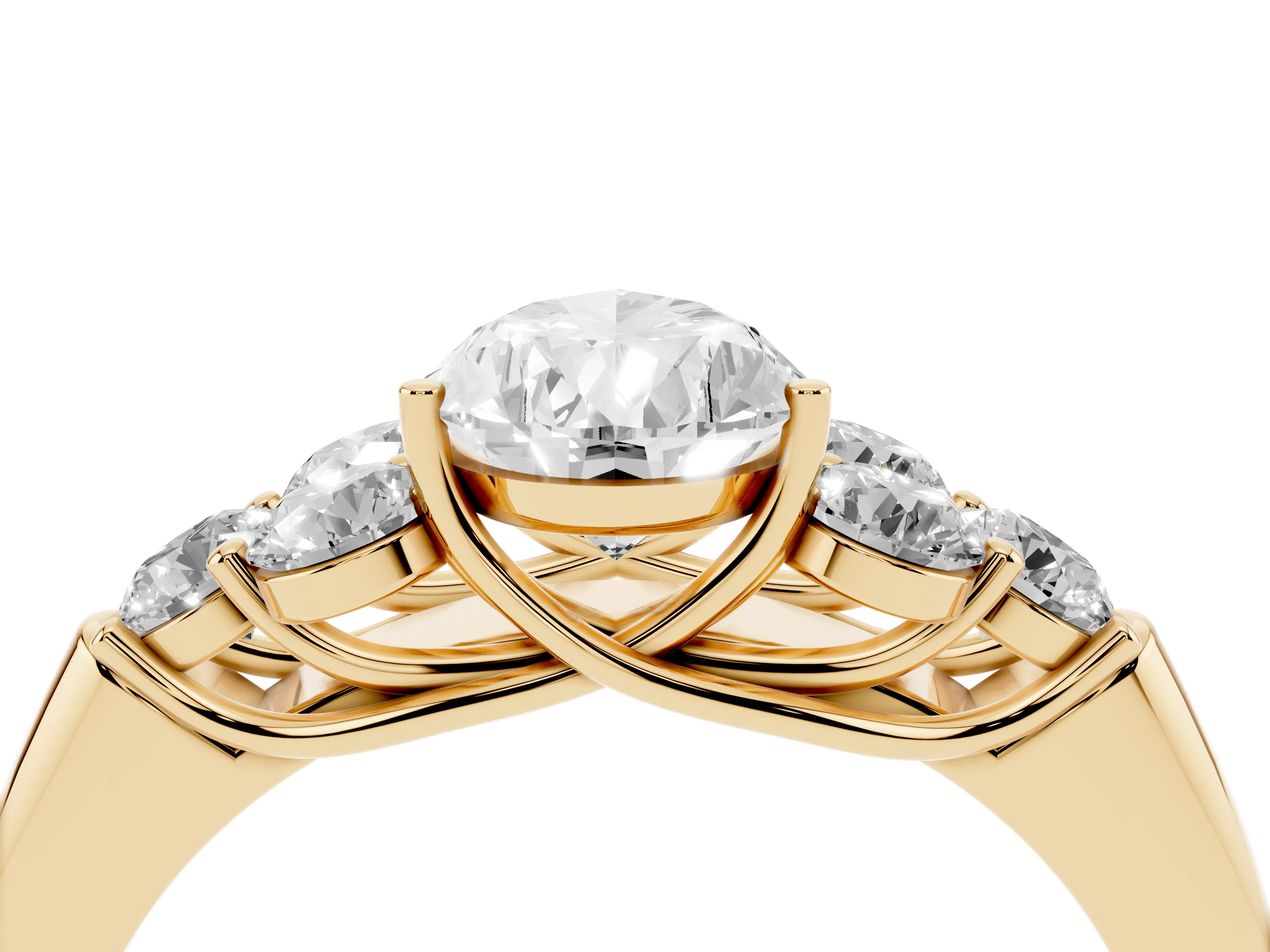 Pear Cut Diamond Cluster Ring Set in Yellow gold with Round Accent Stones and Prong Setting on a Plain Band