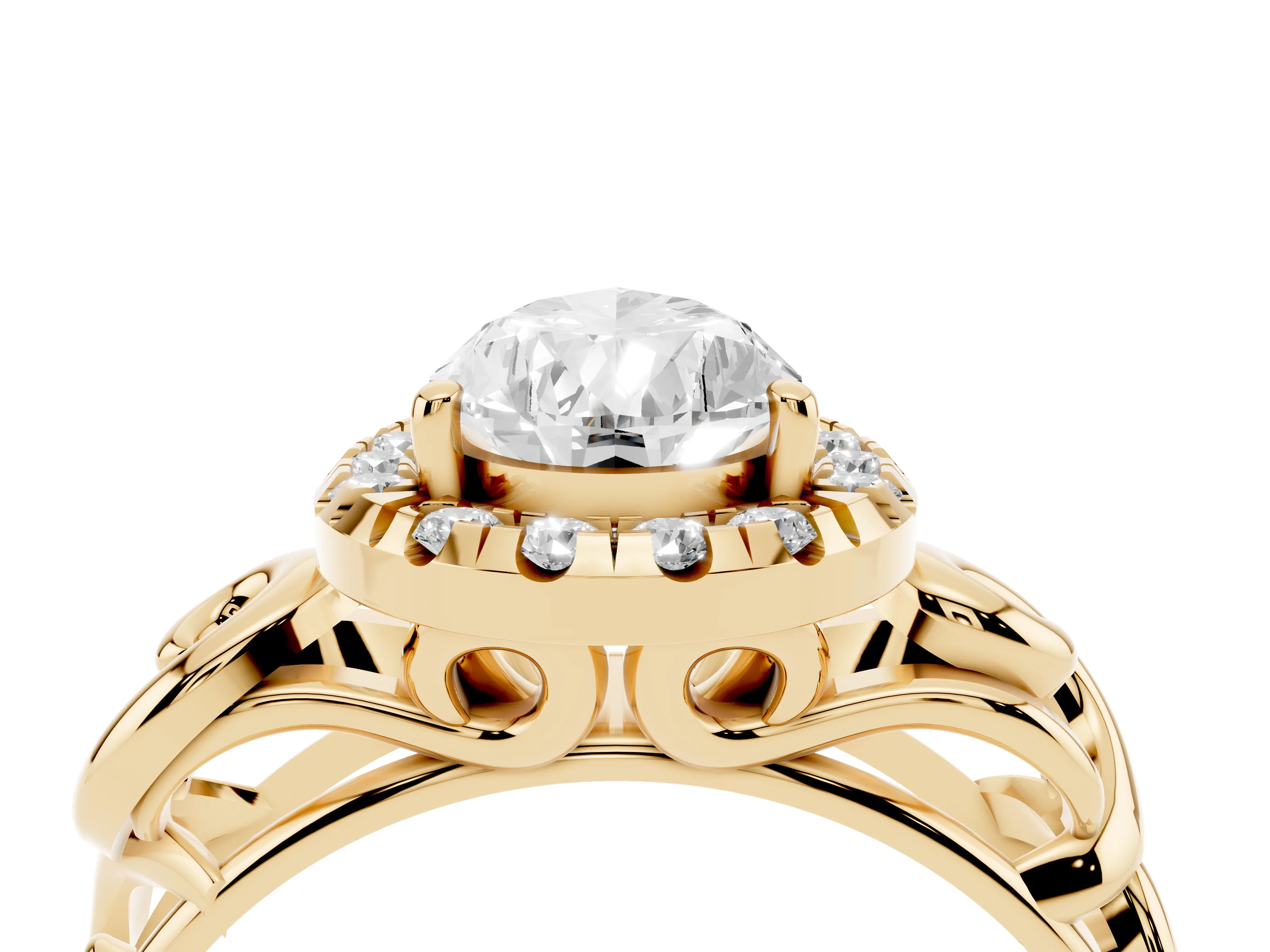 Pear Cut Diamond Halo Ring Set in Yellow gold with Scrollwork Band and Prong Setting