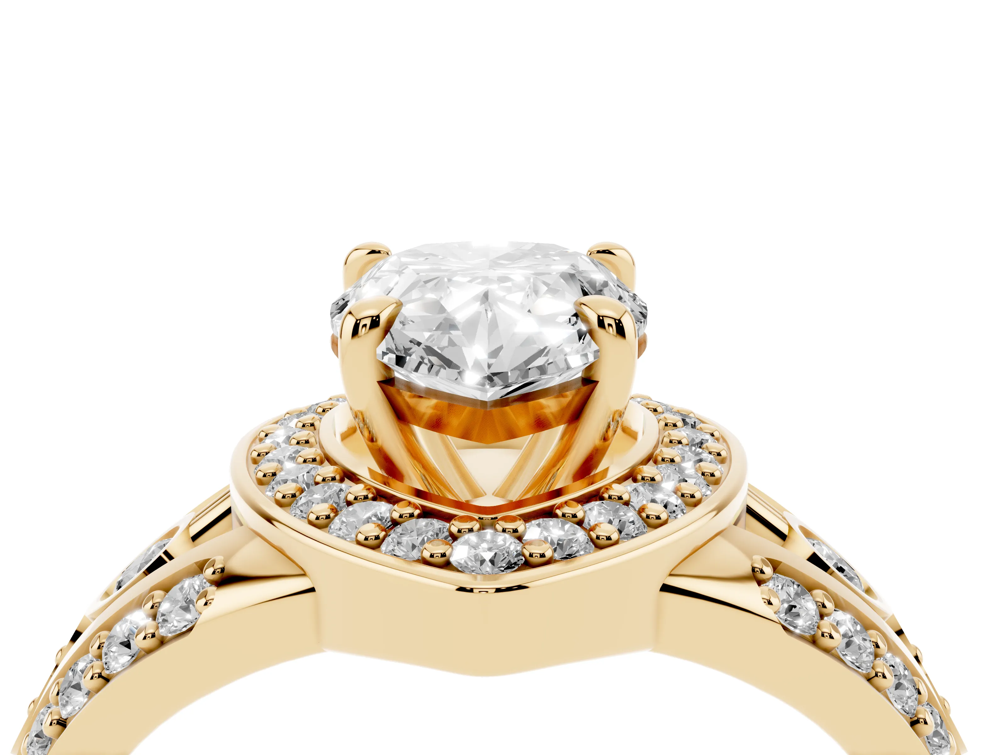 Pear Cut Diamond Halo Ring Set in Yellow gold with Pavé Split Shank and Bezel Accents