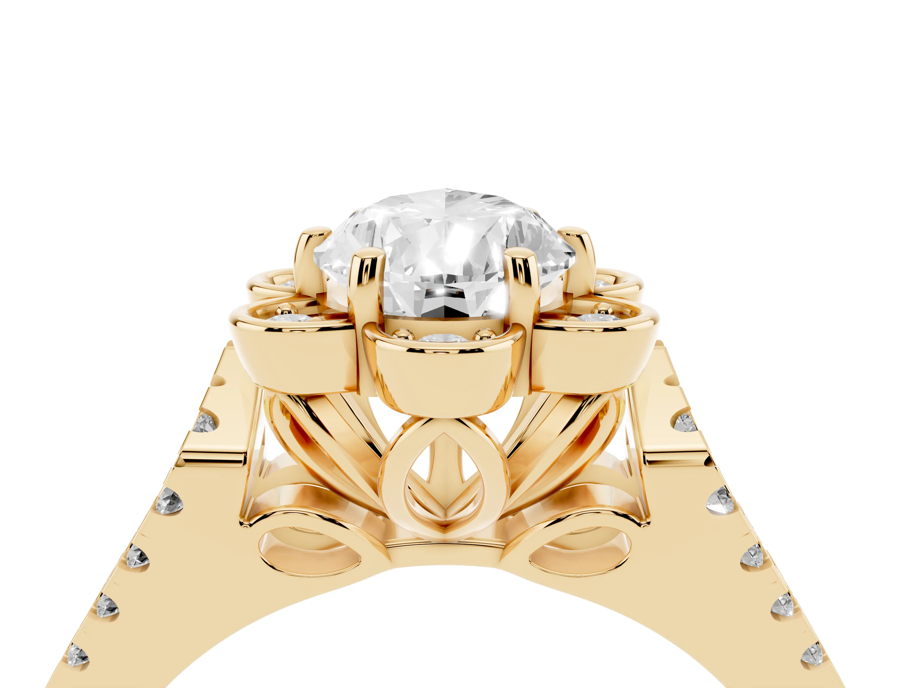 Pear Cut Diamond Floral Halo Split Shank Engagement Ring Set in Yellow gold with Pavé Shank