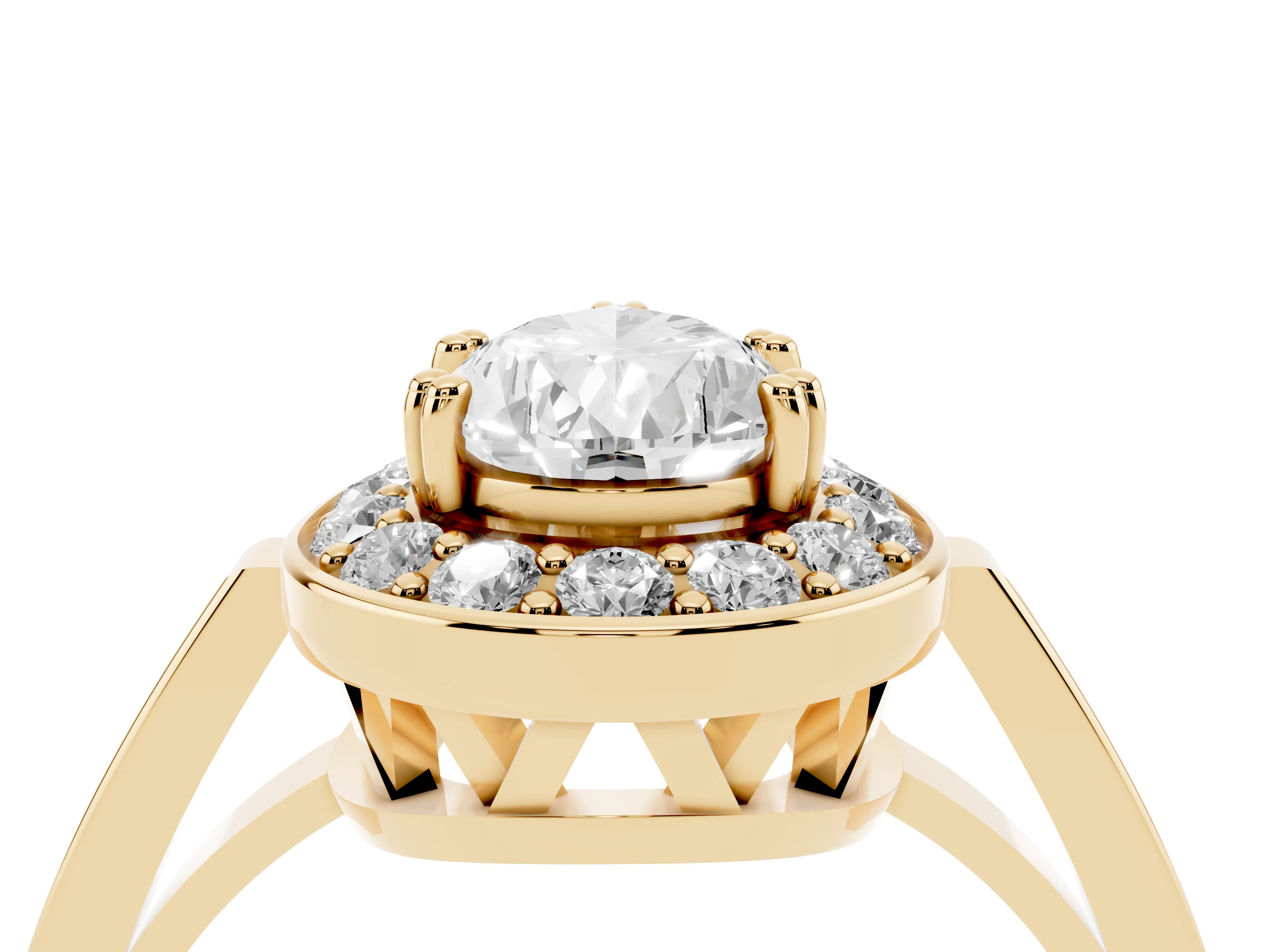 Pear Cut Diamond Halo Ring Set in Yellow gold with Accent-Lined Split Shank and Prong Setting