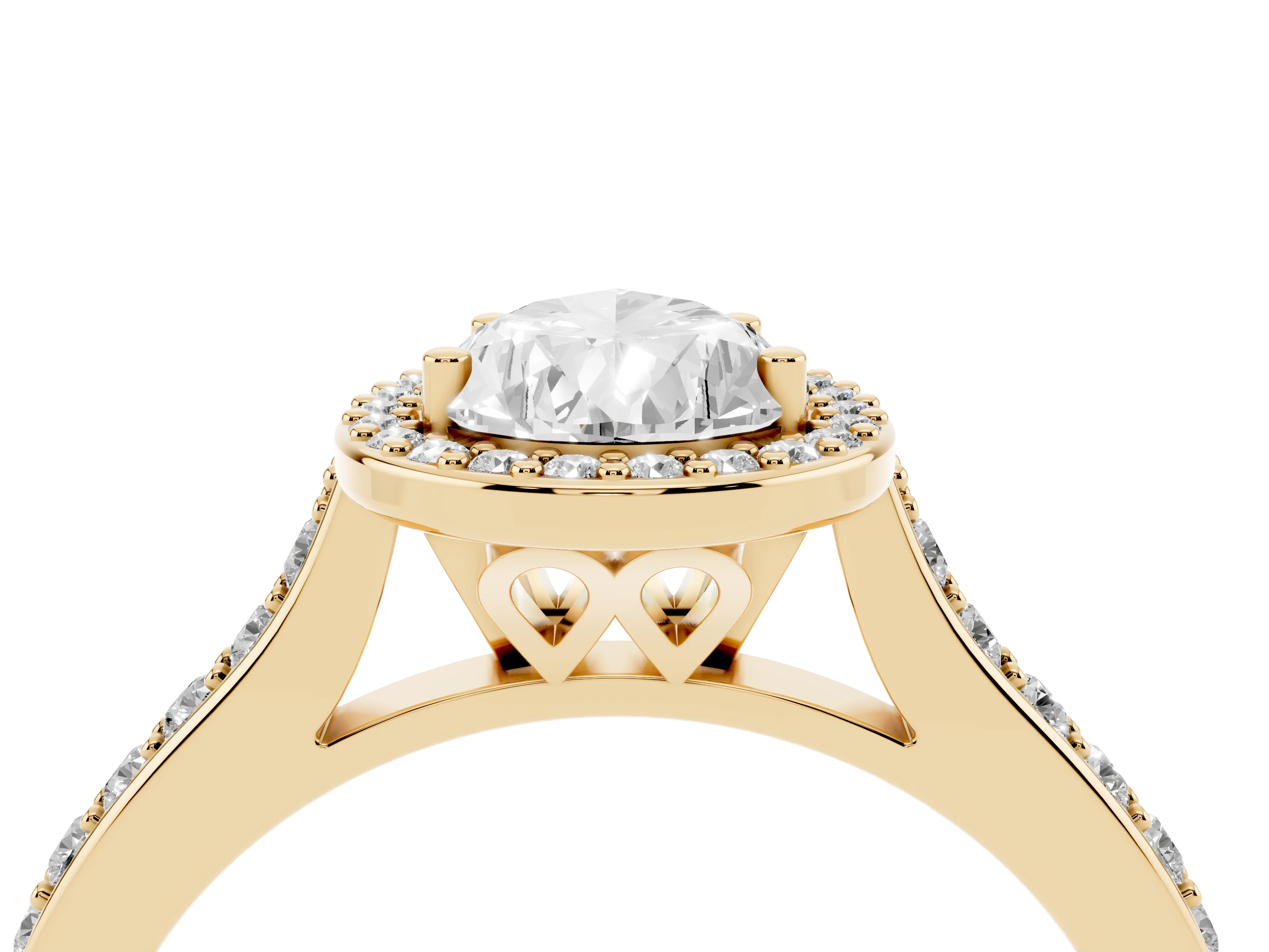 Pear Cut Diamond Halo Engagement Ring Set in Yellow gold with Round Pavé Shoulders and Heart Gallery