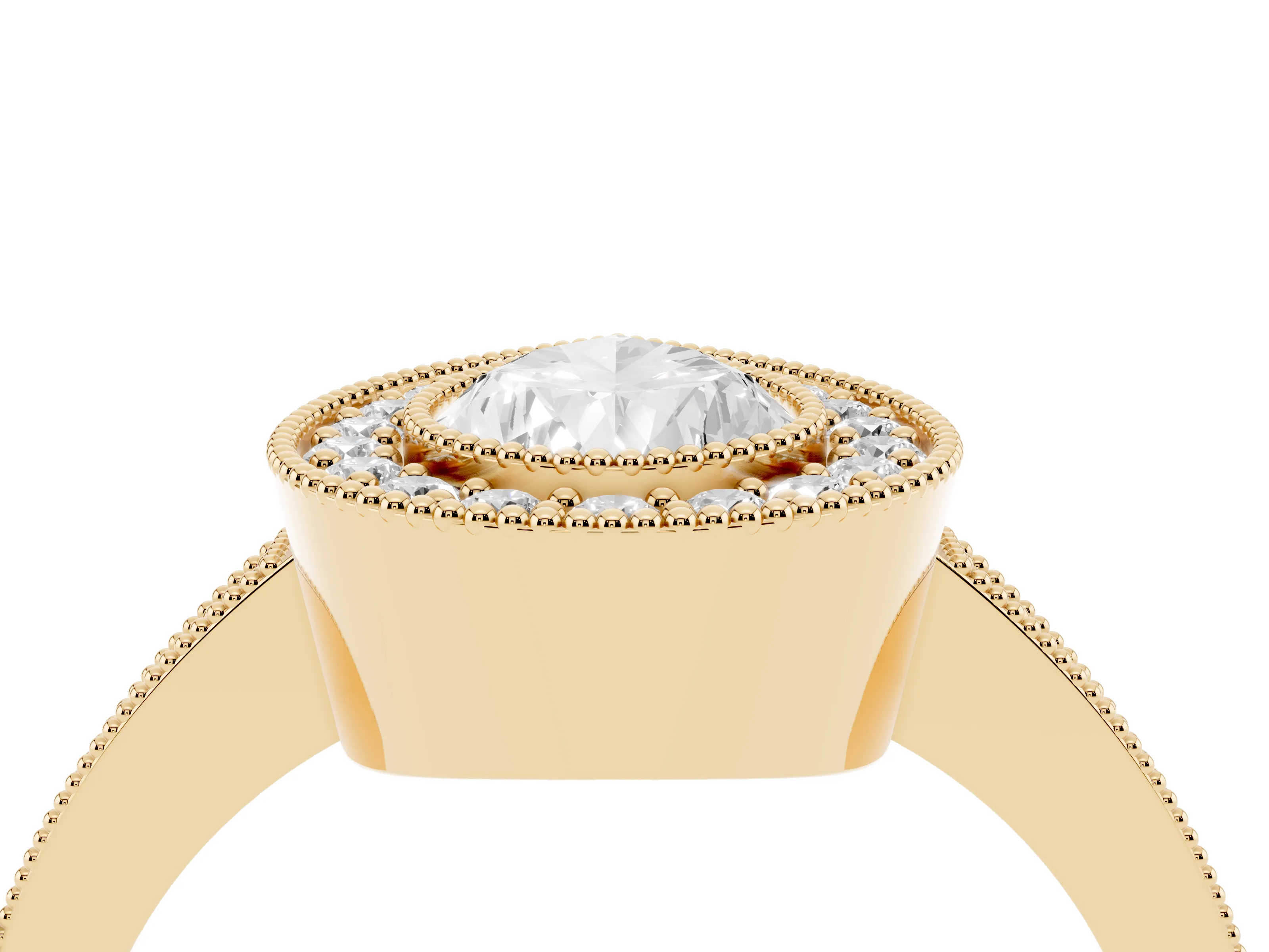 Pear Cut Diamond Halo Engagement Ring Set in Yellow gold with Pavé Band and Round Halo Stones