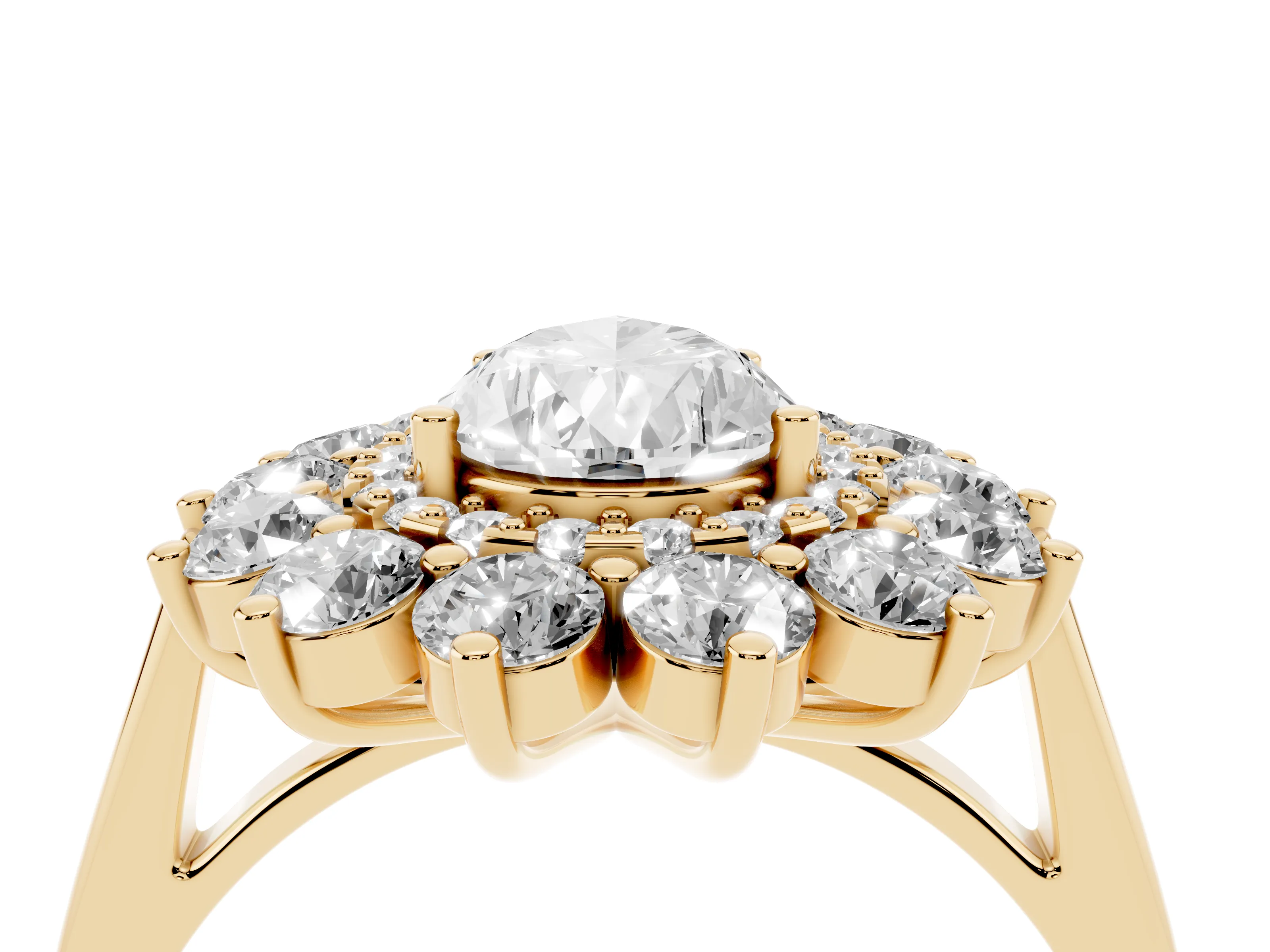 Pear Cut Diamond Floral Double Halo Ring Set in Yellow gold with Round Petals