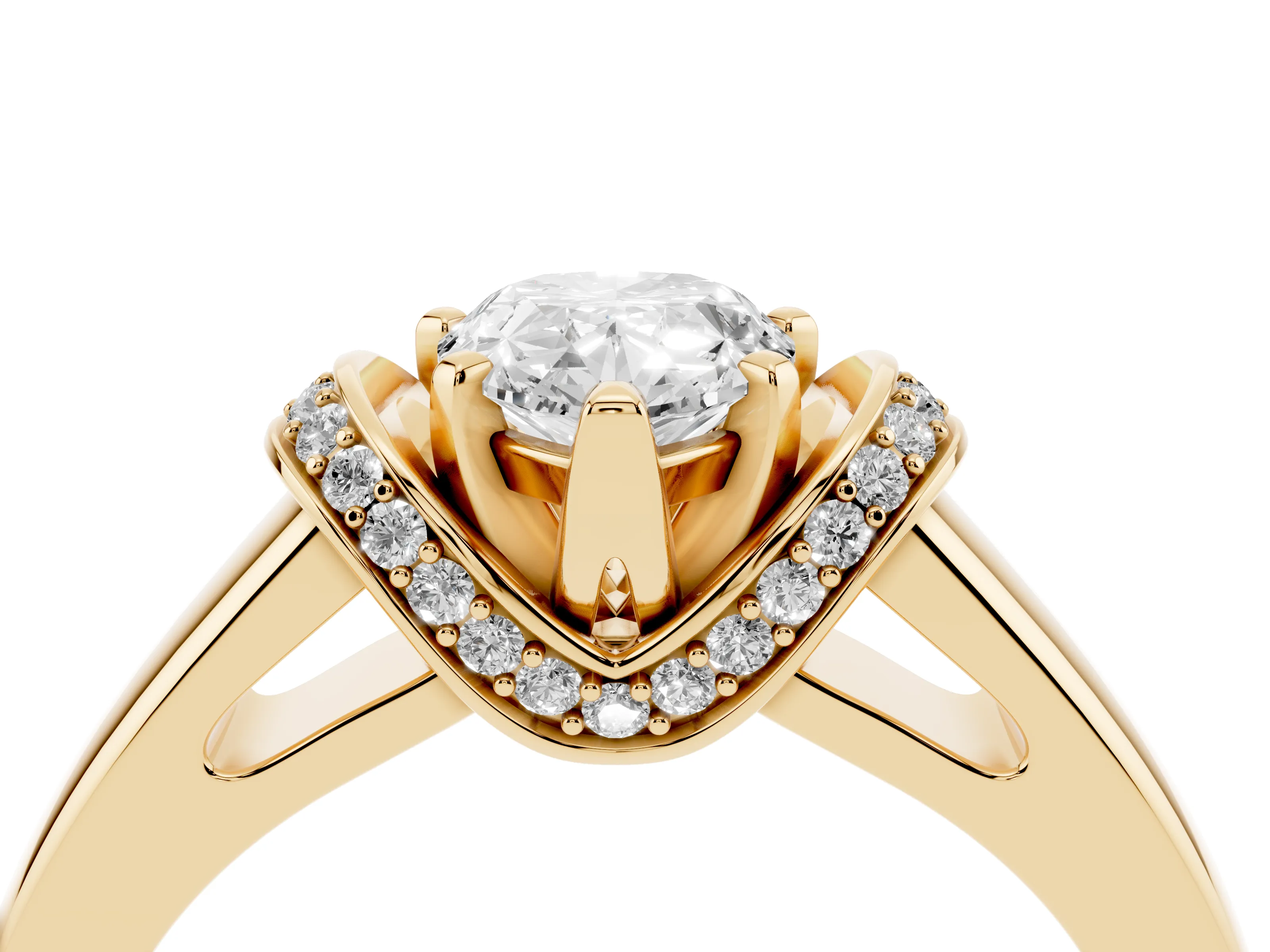 Pear Cut Diamond Pavé Band Solitaire Ring Set in Yellow gold with Prong Setting