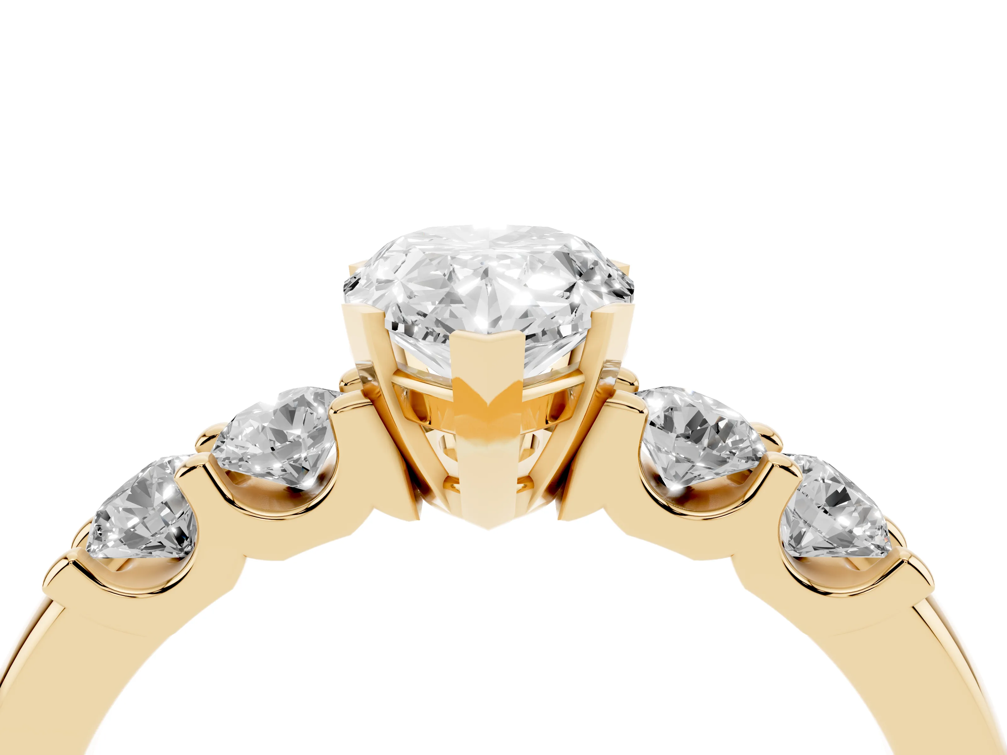 Pear Cut Diamond Five-Stone Prong Set Engagement Ring Set in Yellow gold with Channel Band