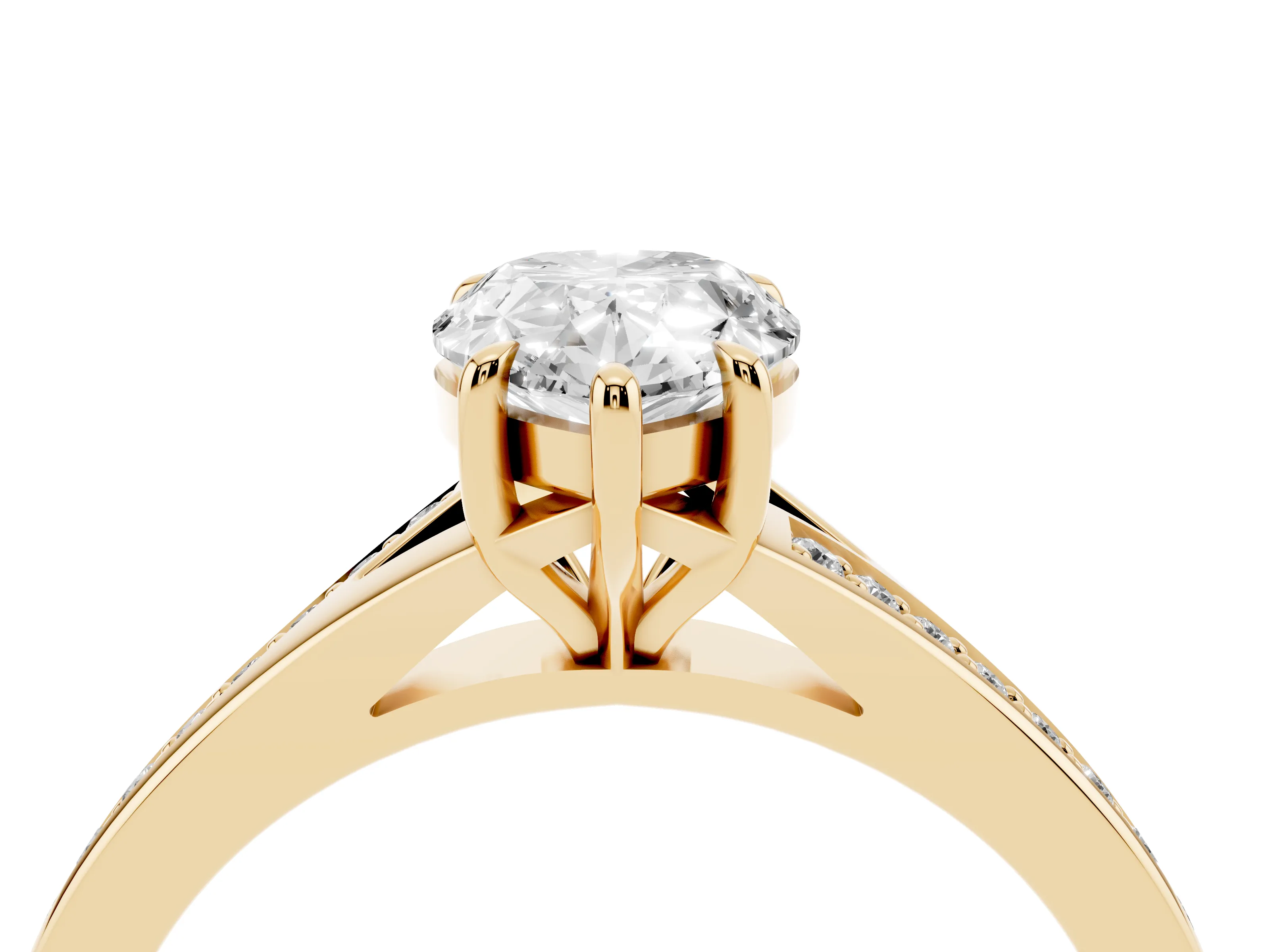 Pear Cut Diamond Solitaire Ring Set in Yellow gold with Pavé Accent Band and Classic Prong Setting