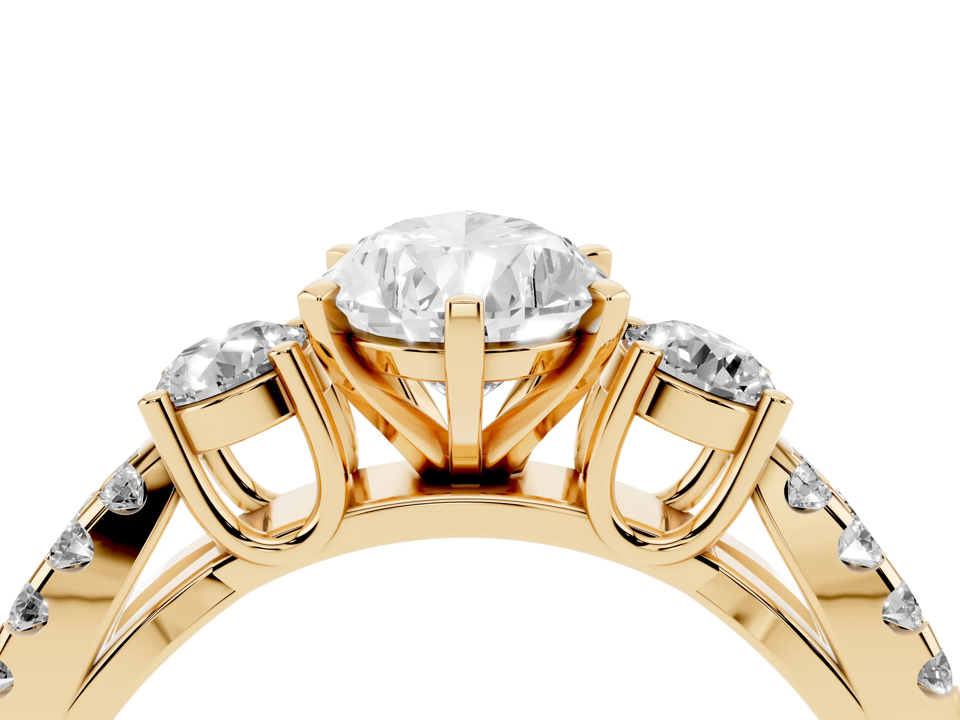 Pear Cut Diamond Three-Stone Ring Set in Yellow gold with Pavé Split Shank and Prong Setting