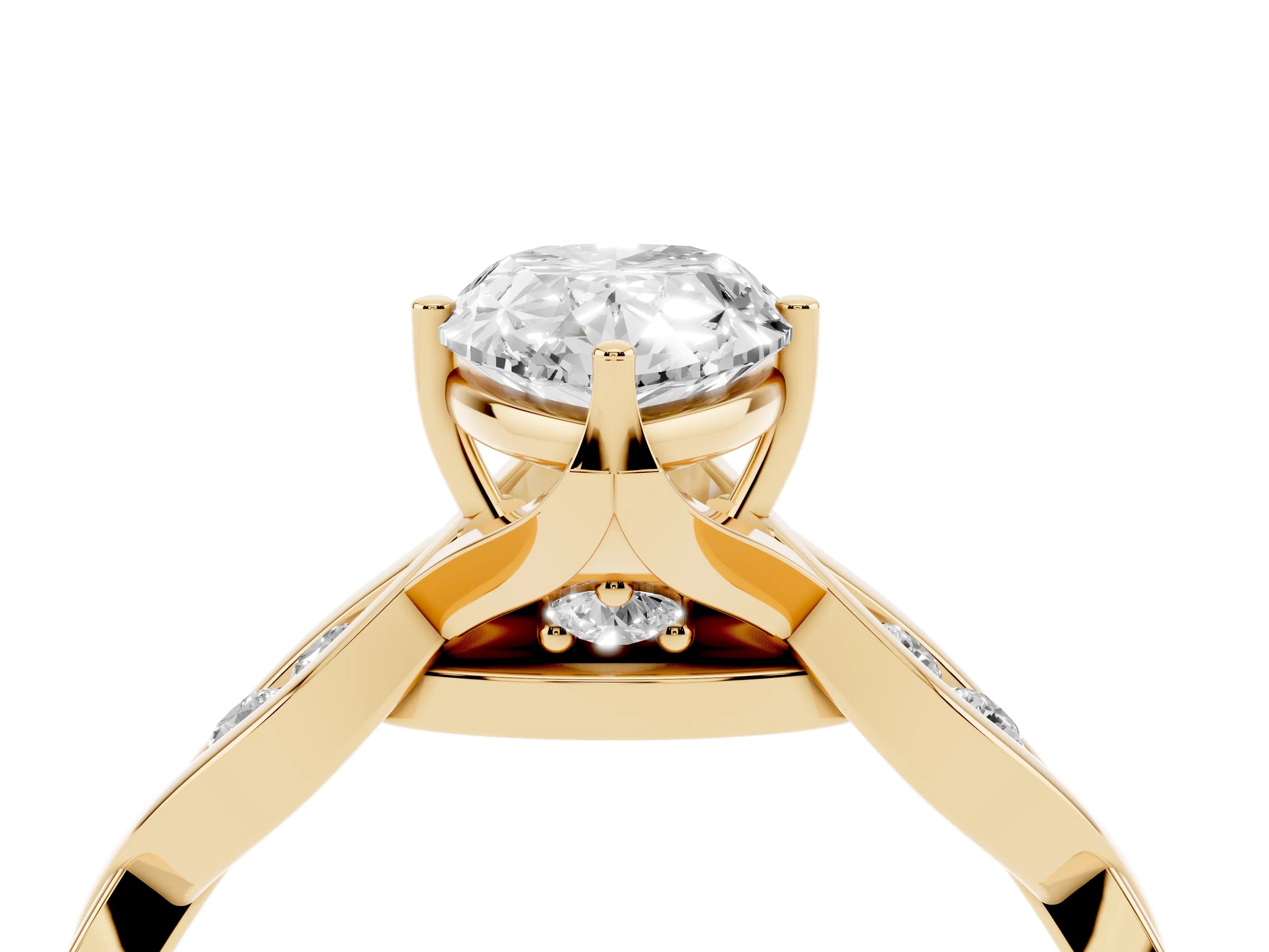 Pear Cut Diamond Twist Band Solitaire Ring Set in Yellow gold with Leaf Prong Setting and Accent Stones