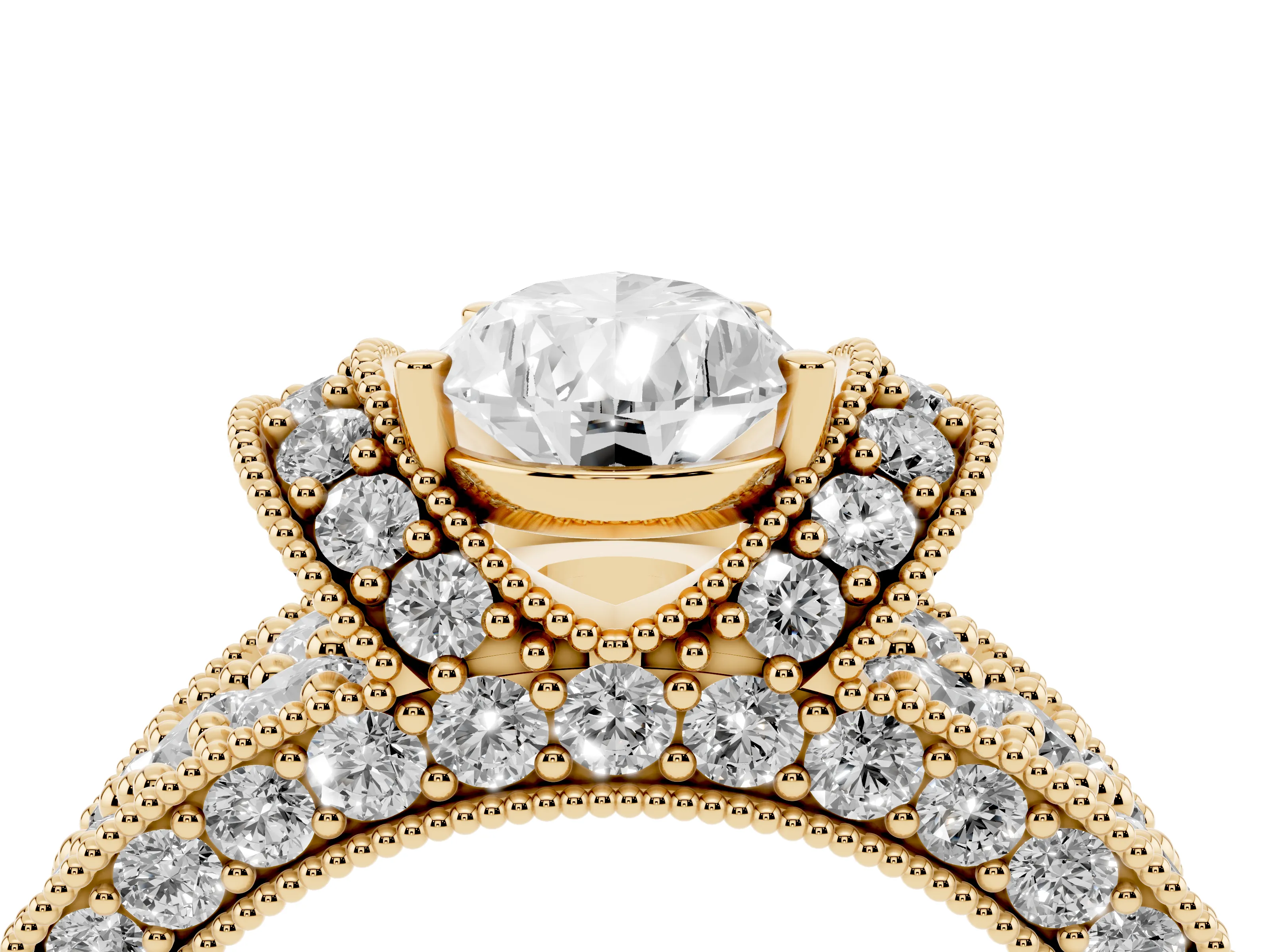 Pear Cut Diamond Milgrain Halo Pavé Engagement Ring Set in Yellow gold with Prong Setting