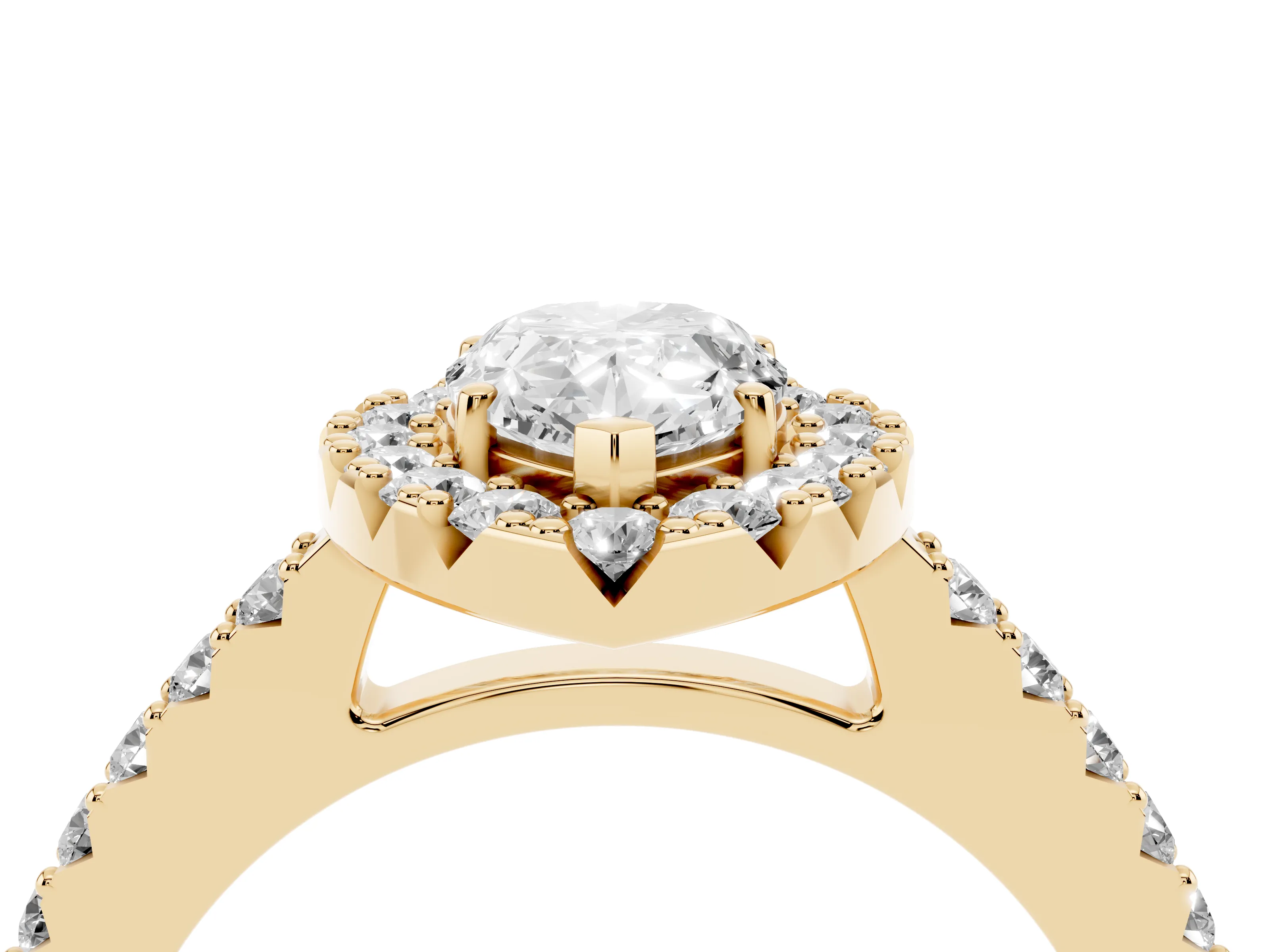 Pear Cut Diamond Halo Pavé Solitaire Ring Set in Yellow gold with Prong-Set Center Stone