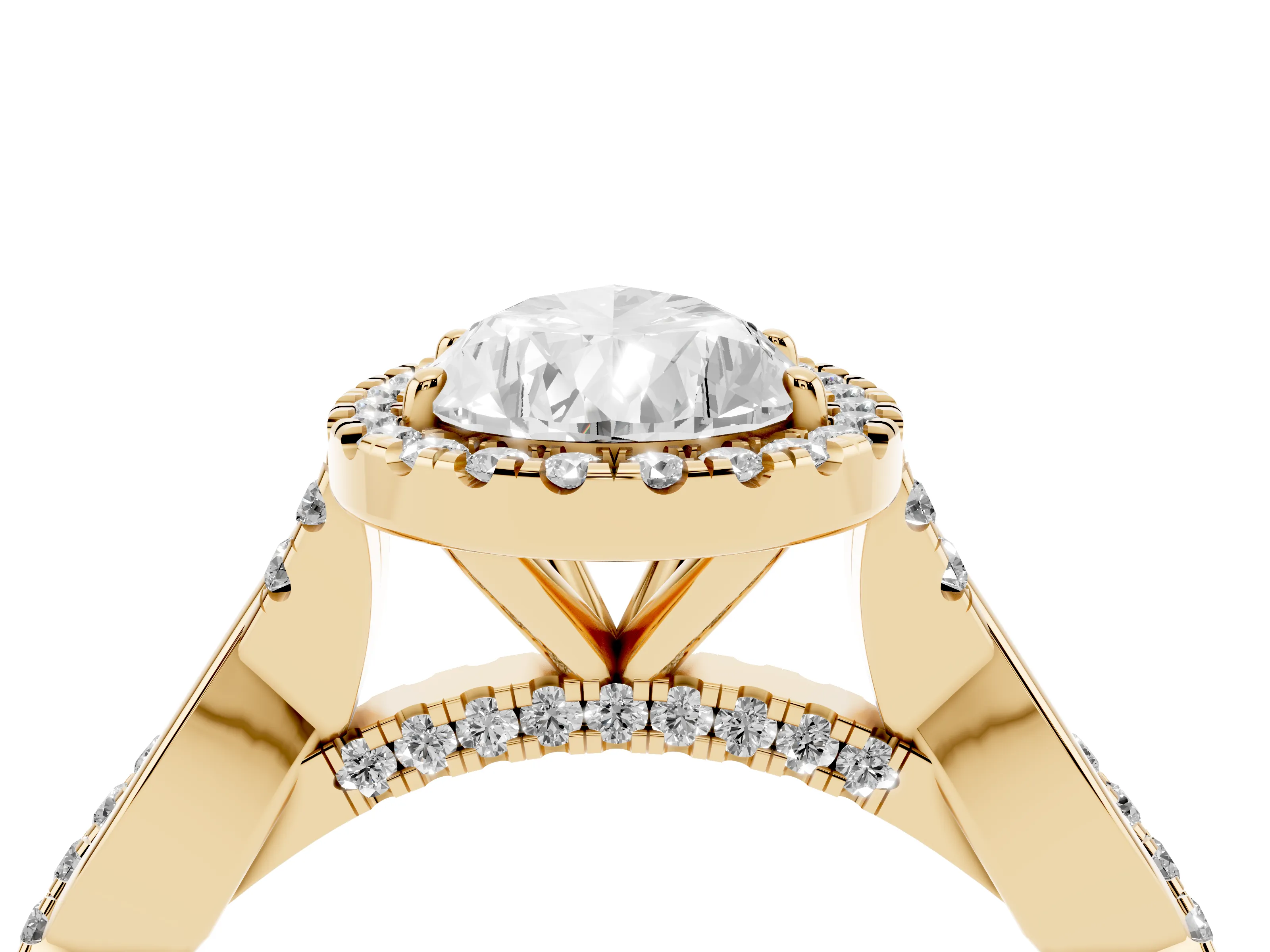 Pear Cut Diamond Halo Twist Band Solitaire Ring Set in Yellow gold with Prong Setting