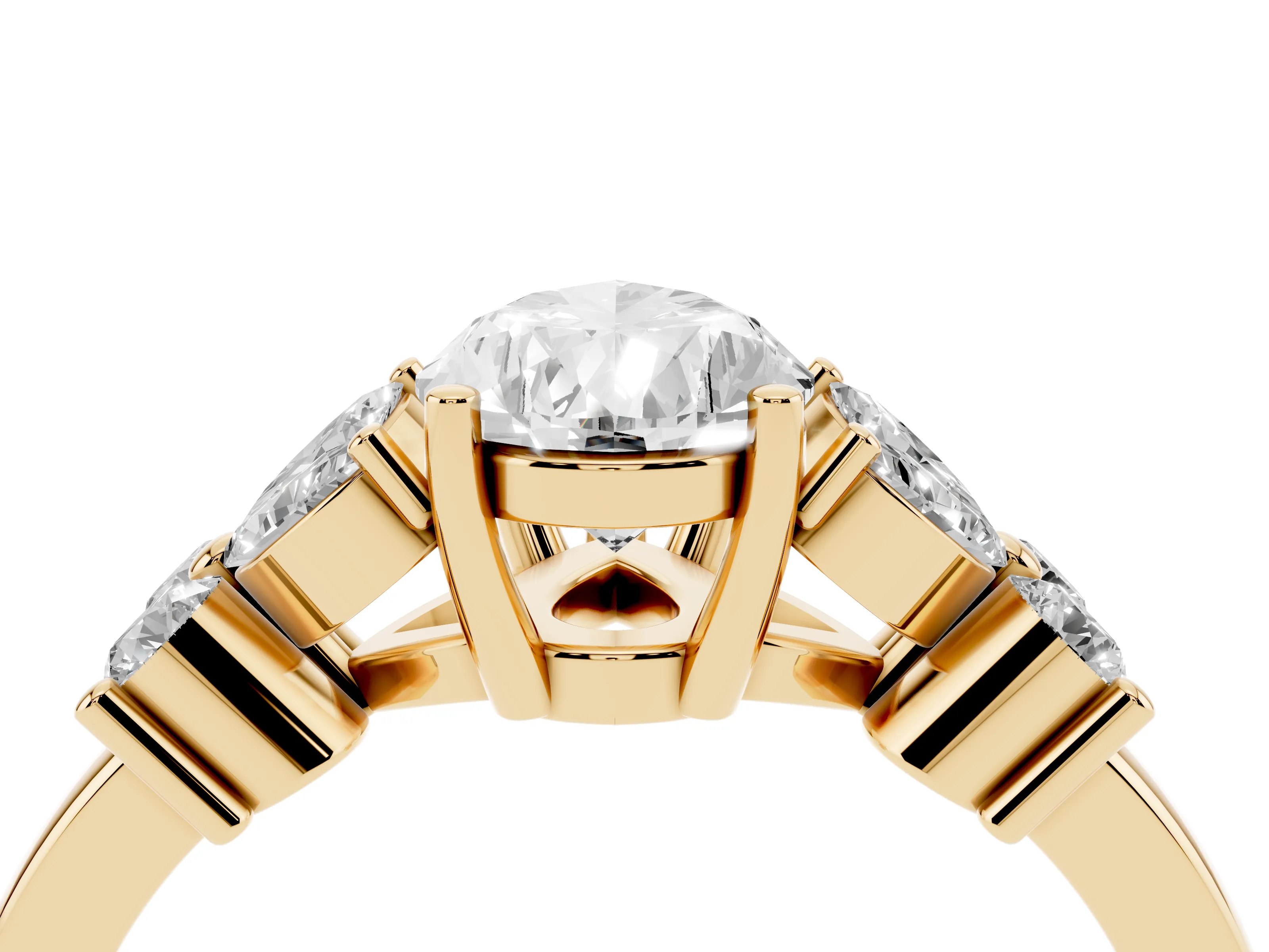 Pear Cut Diamond Floral Cluster Ring Set in Yellow gold with Marquise Petals and Prong Setting