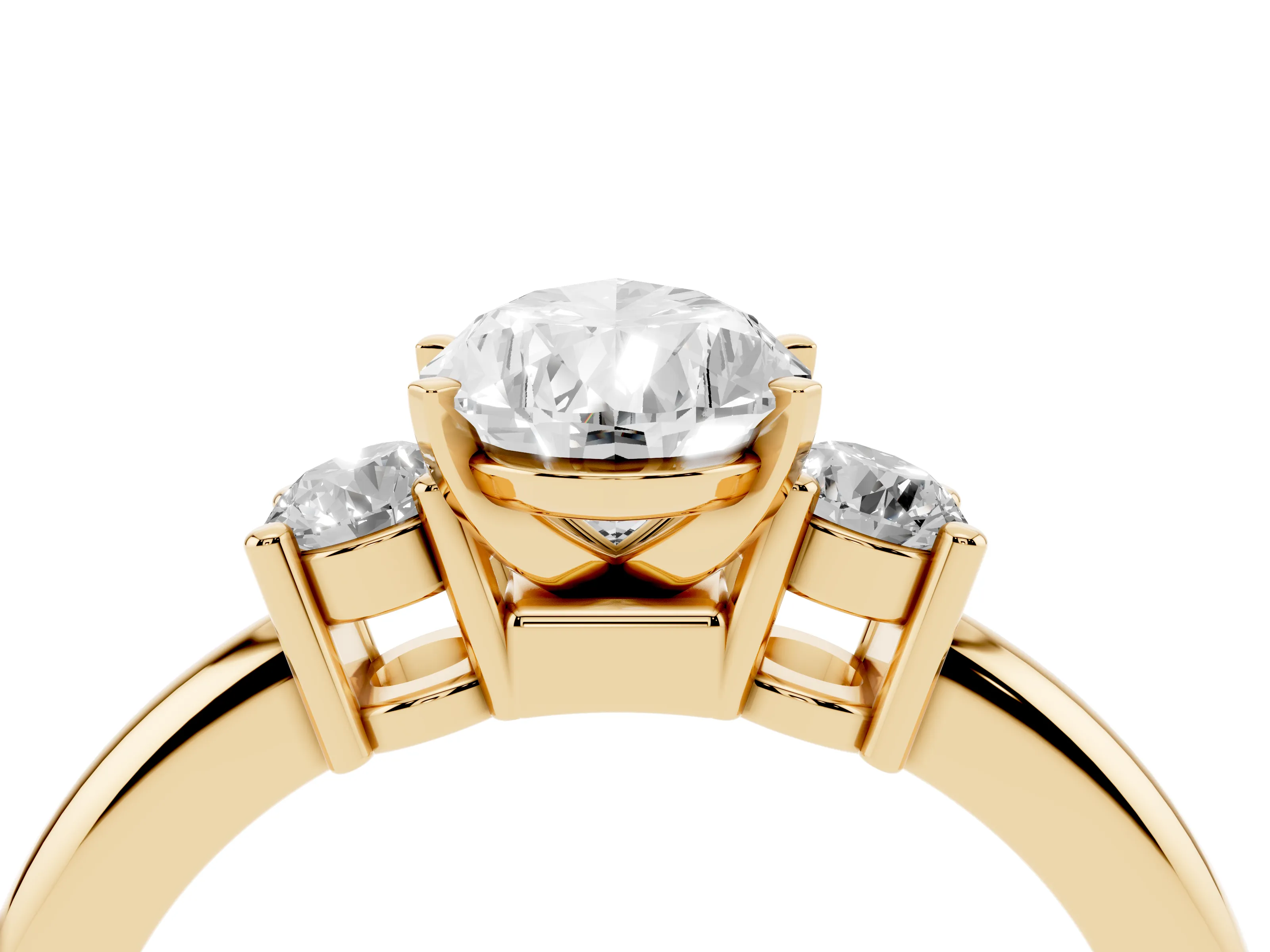 Three-Stone Pear Cut Diamond Ring Set in Yellow gold with Prong Setting and Plain Band