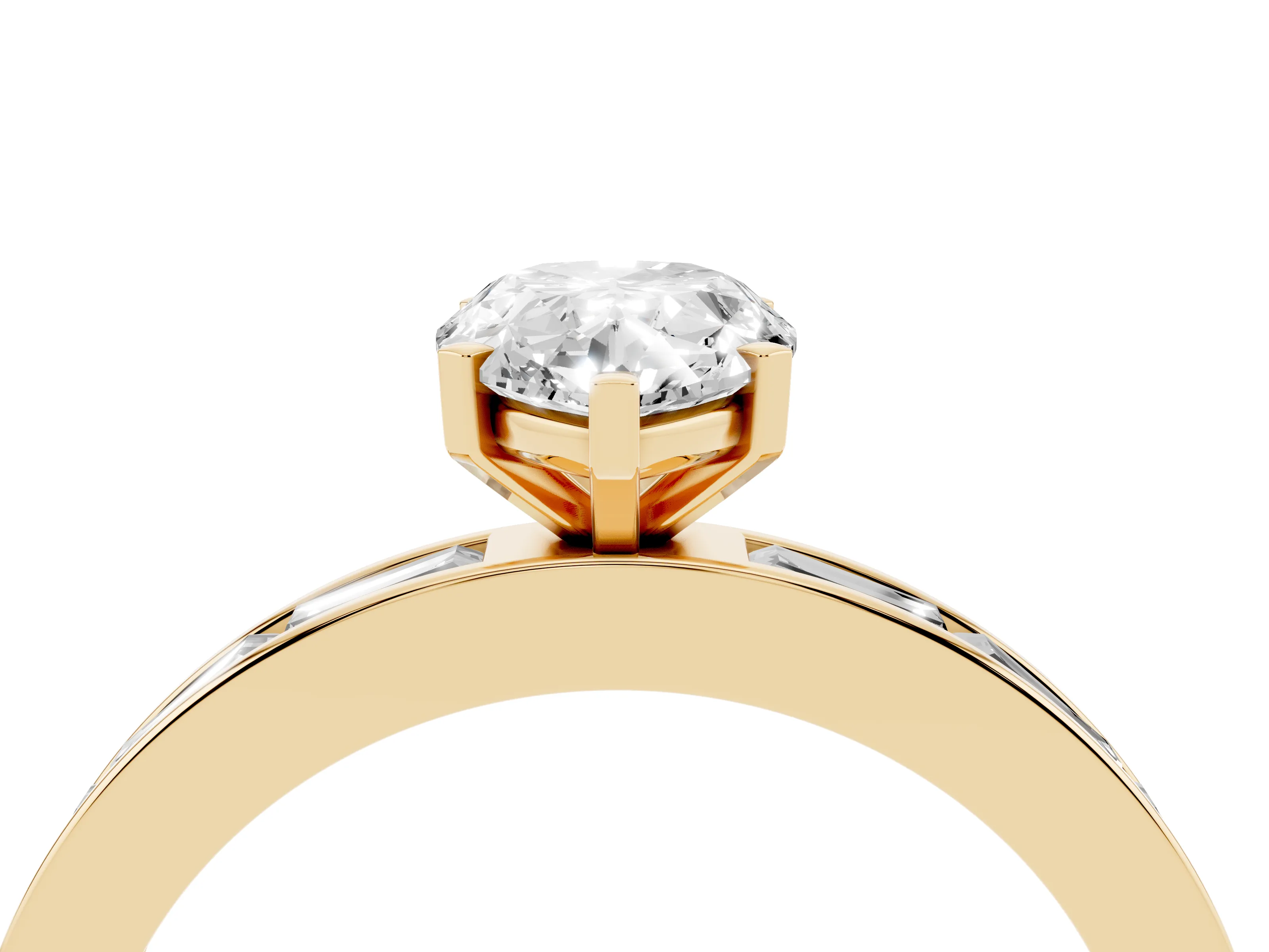 Pear Cut Diamond Solitaire Ring Set in Yellow gold with Channel-Set Baguette Band and Prong Setting