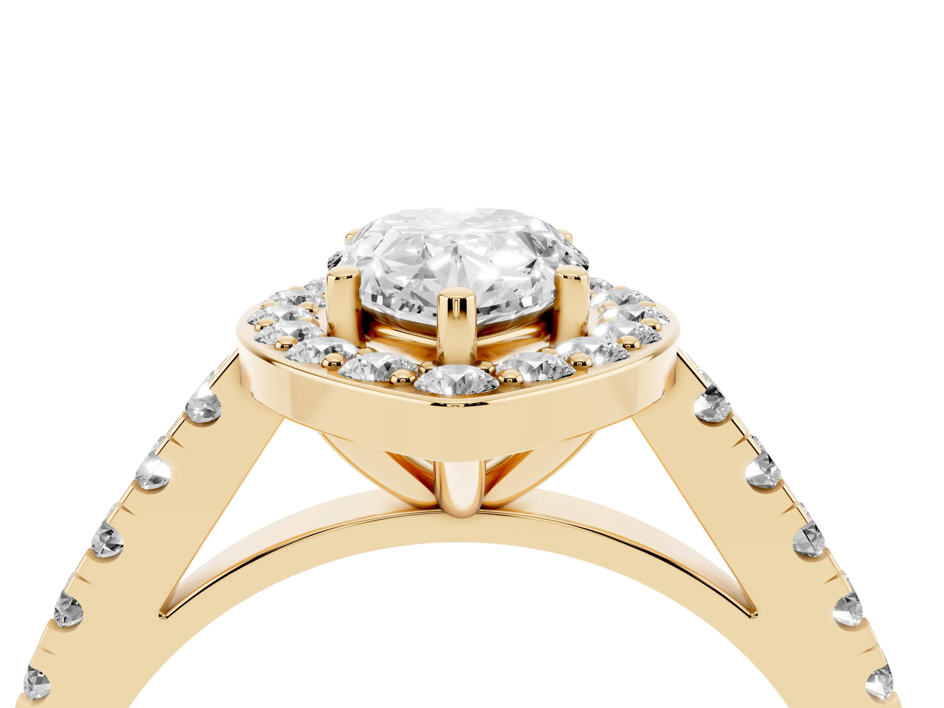 Pear Cut Diamond Halo Ring Set in Yellow gold with Round Pavé Split Shank and Prong Setting