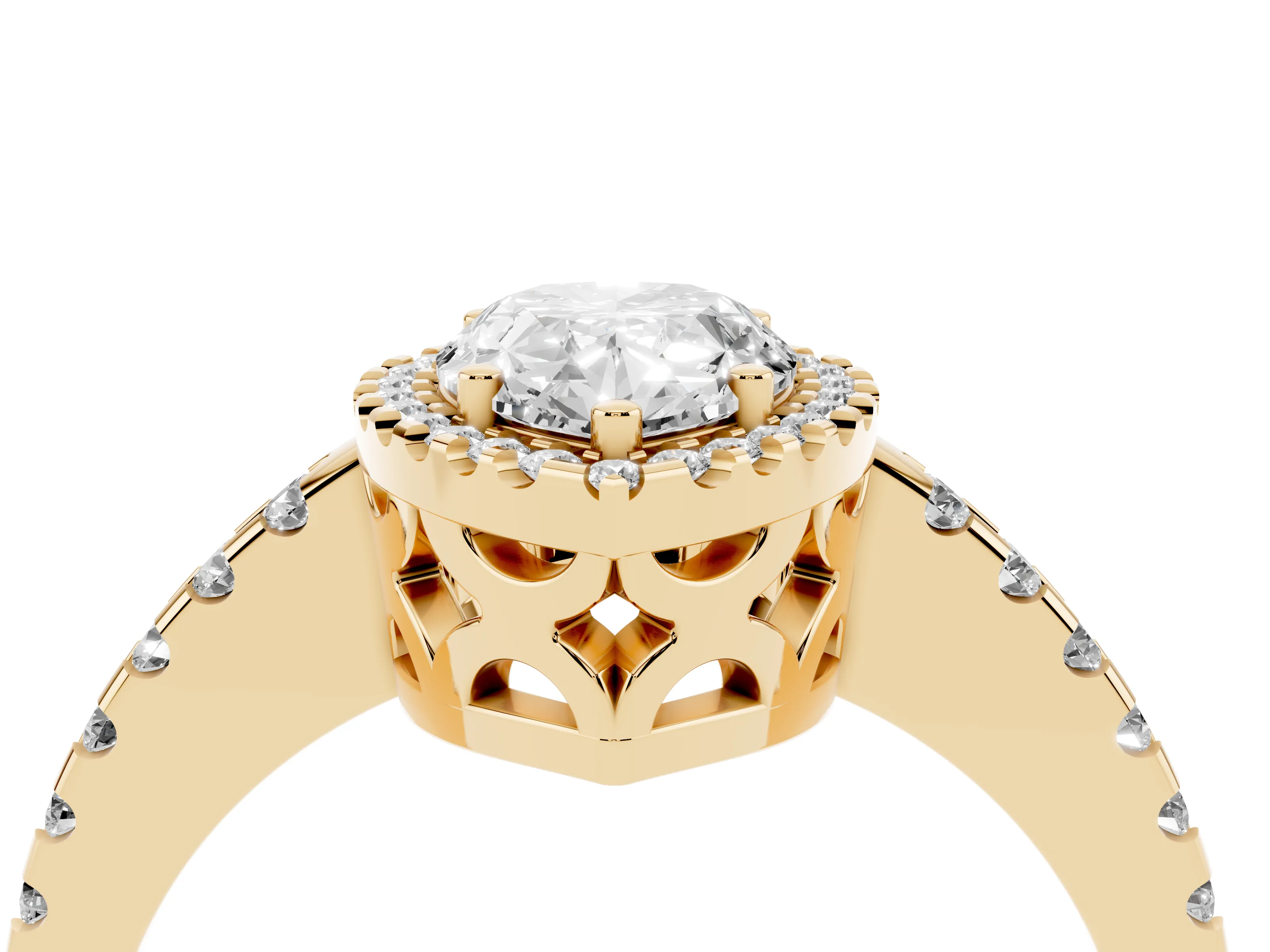 Pear Cut Diamond Halo Ring Set in Yellow gold with Pavé Shoulders and Halo-Framed Center